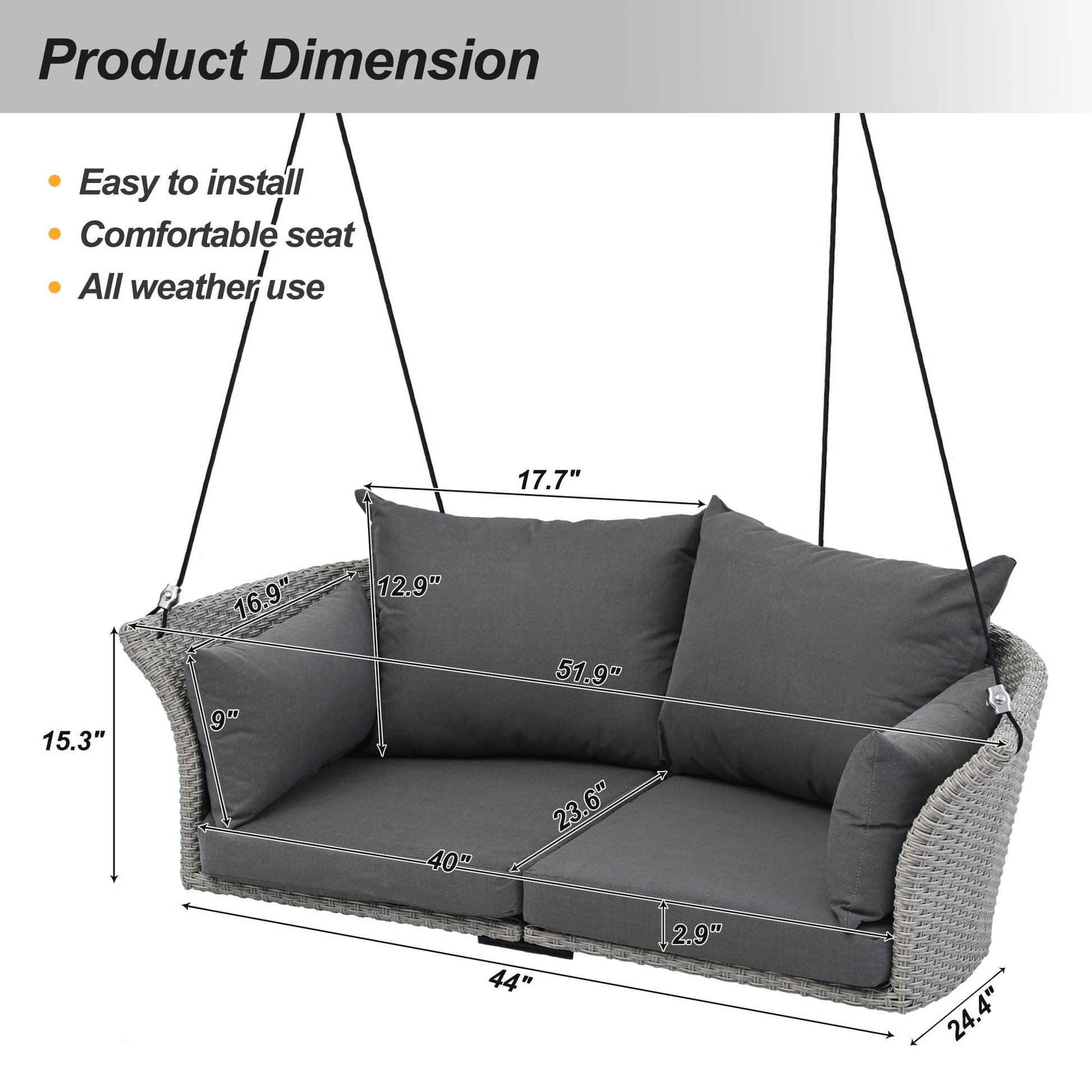 Euroco 2-Person Hanging Seat, Rattan Woven Swing Chair, Porch Swing With Ropes, Gray, 52"