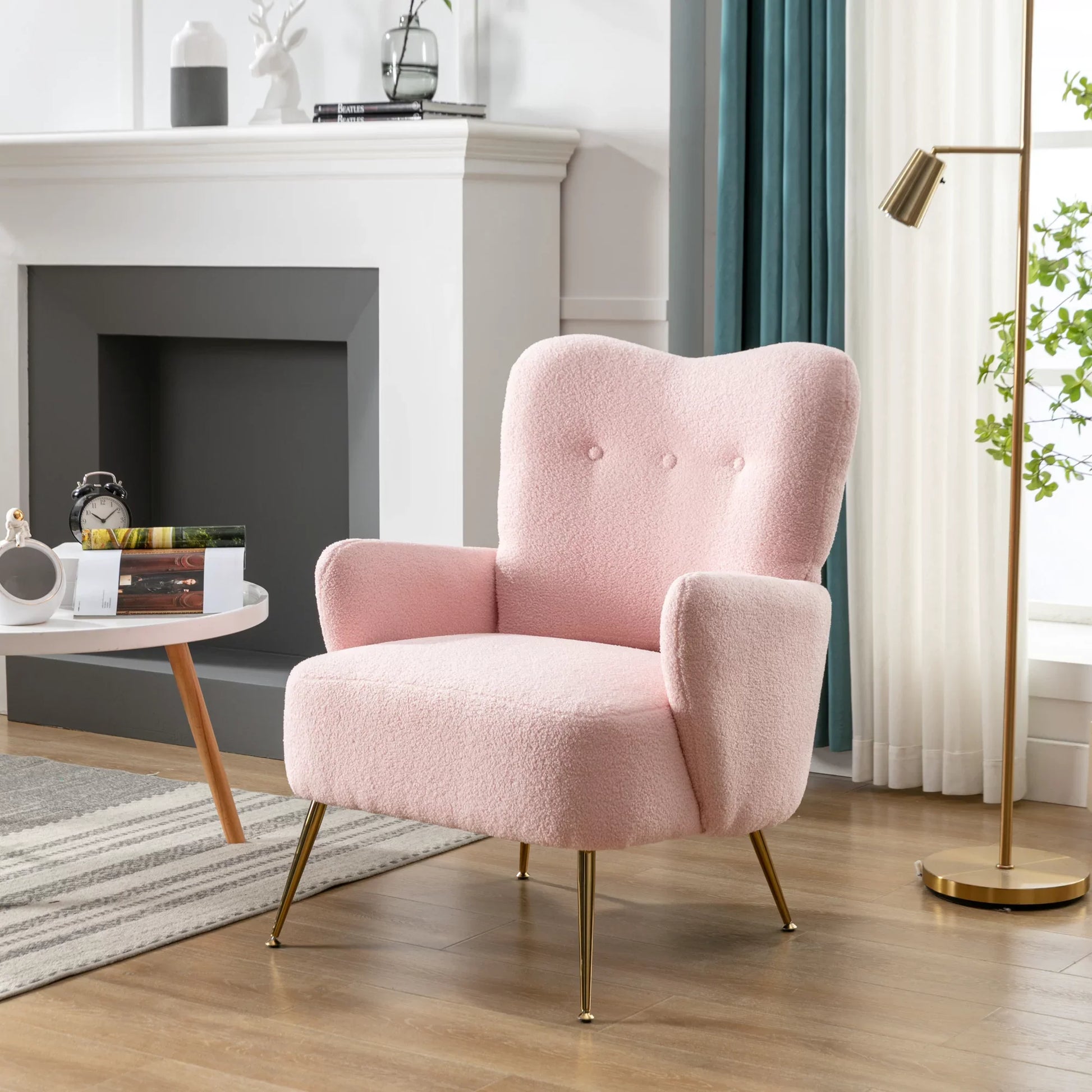 EUROCO Cozy Teddy Fabric ArmChair with Sloped High Back and Contemporary Metal Legs ,Pink