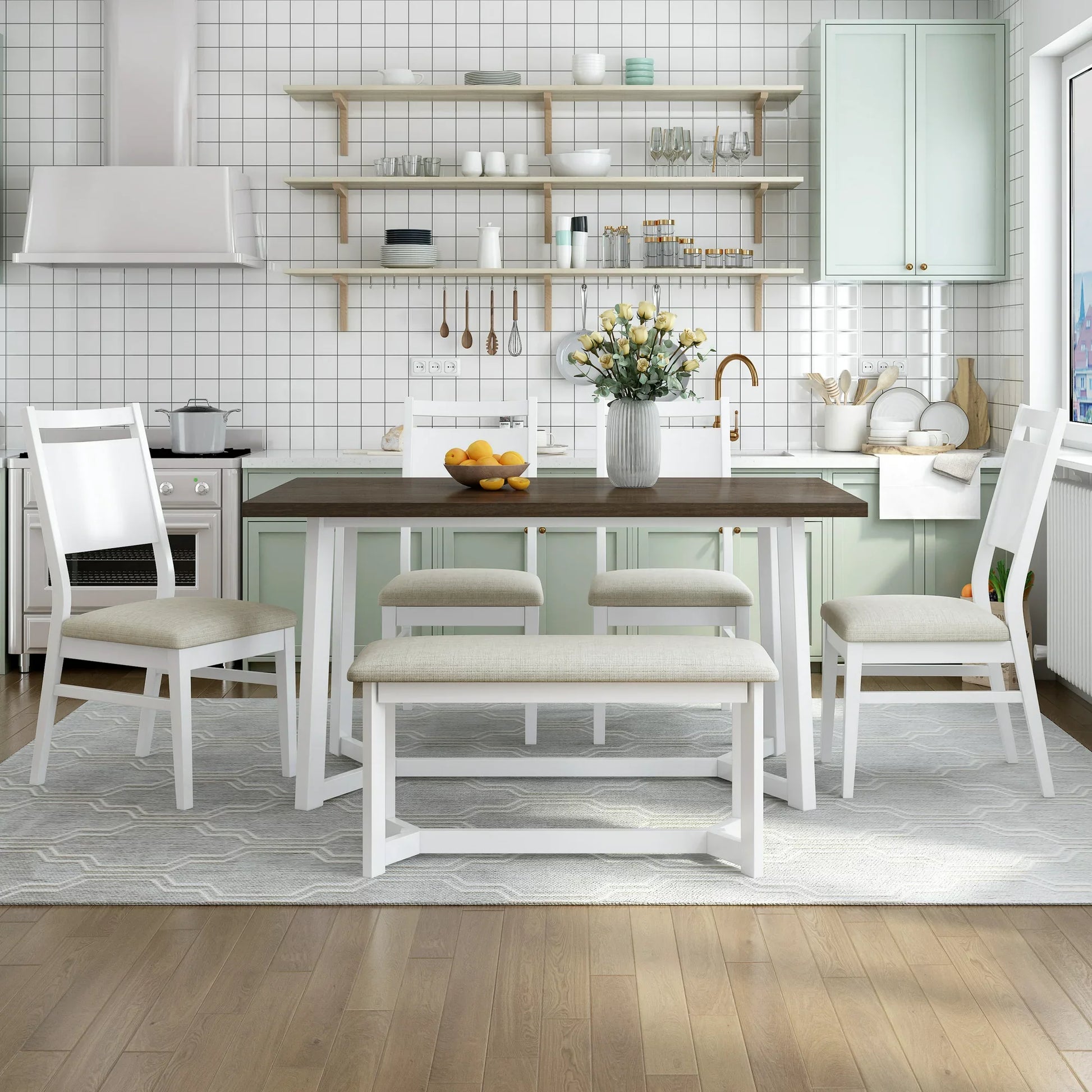 Farmhouse 6-Piece 59" Wood Dining Table Set with 4 Upholstered Chairs and Bench, White