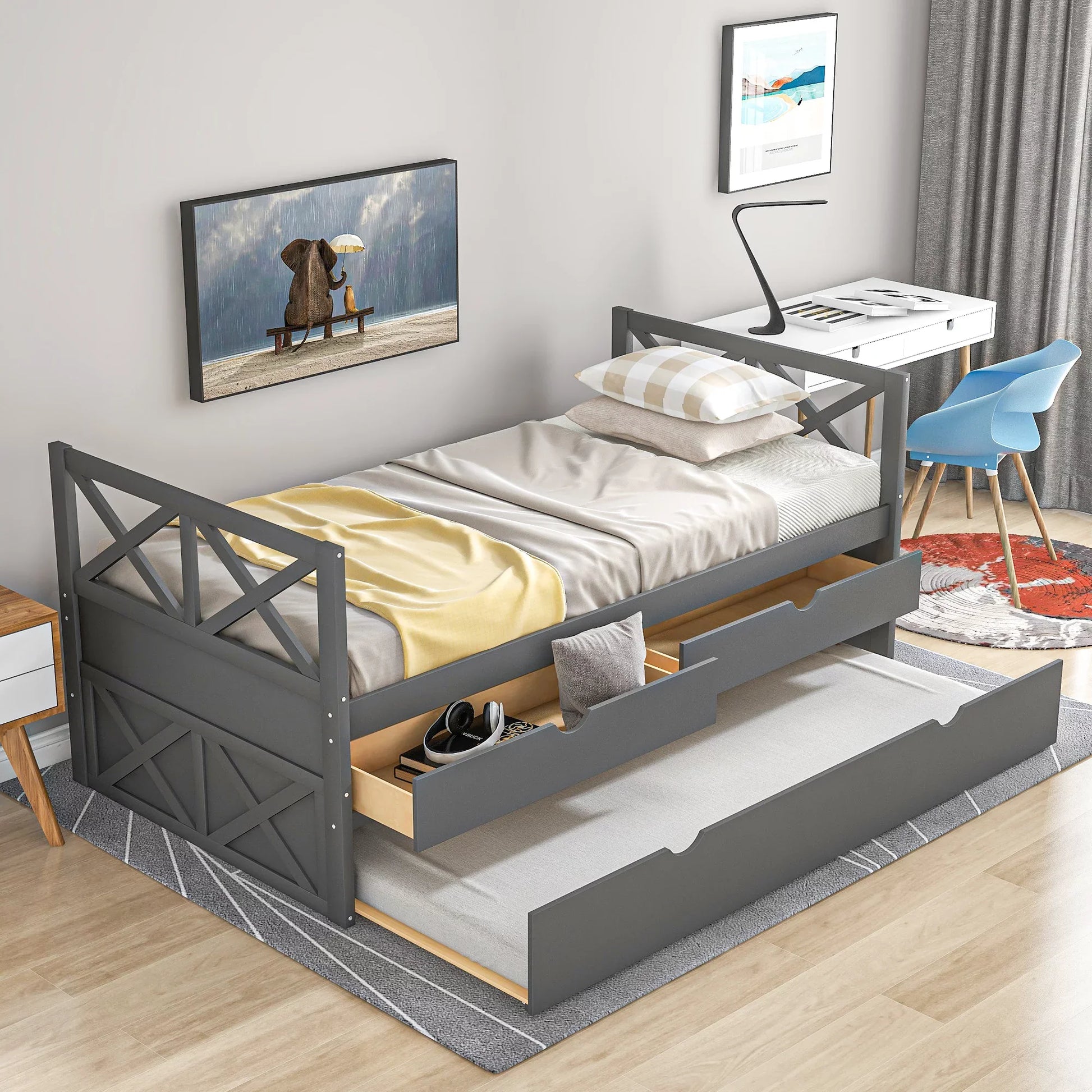 Euroco Classic Pine Wood with Trundle Daybed, Twin for Kids Bedroom, Gray