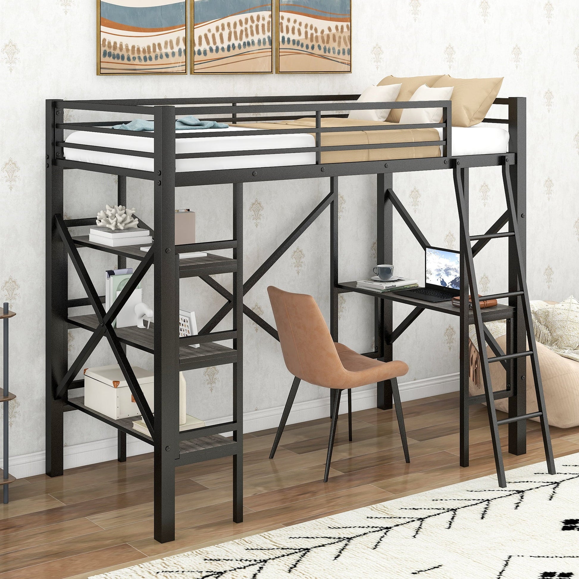 Euroco Metal Loft Bed Shelves and Desk, Twin Size, Black