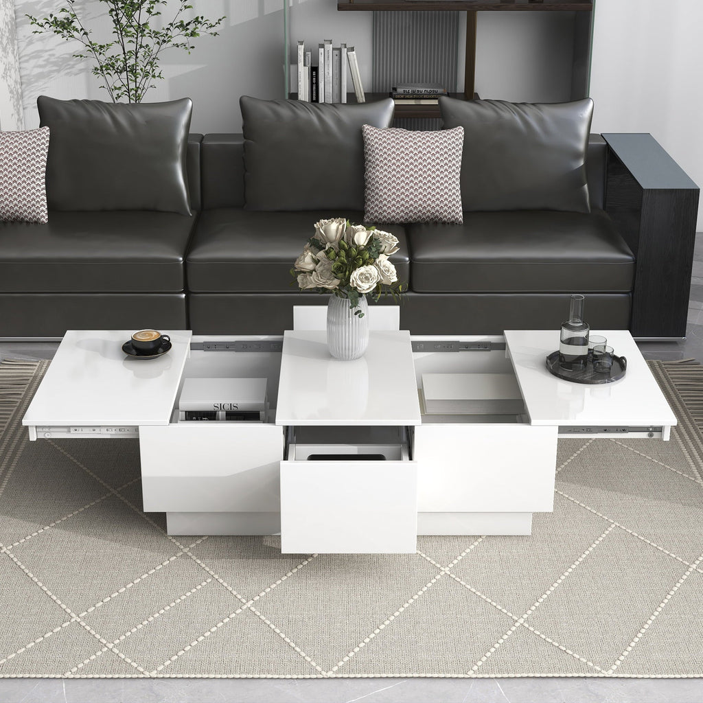 EUROCO 39.4” Multifunctional Coffee Table with 2 large Hidden Storage Compartment,Extendable Cocktail Table with 2 Drawers, High-gloss Center Table with Sliding Top for Living Room,White
