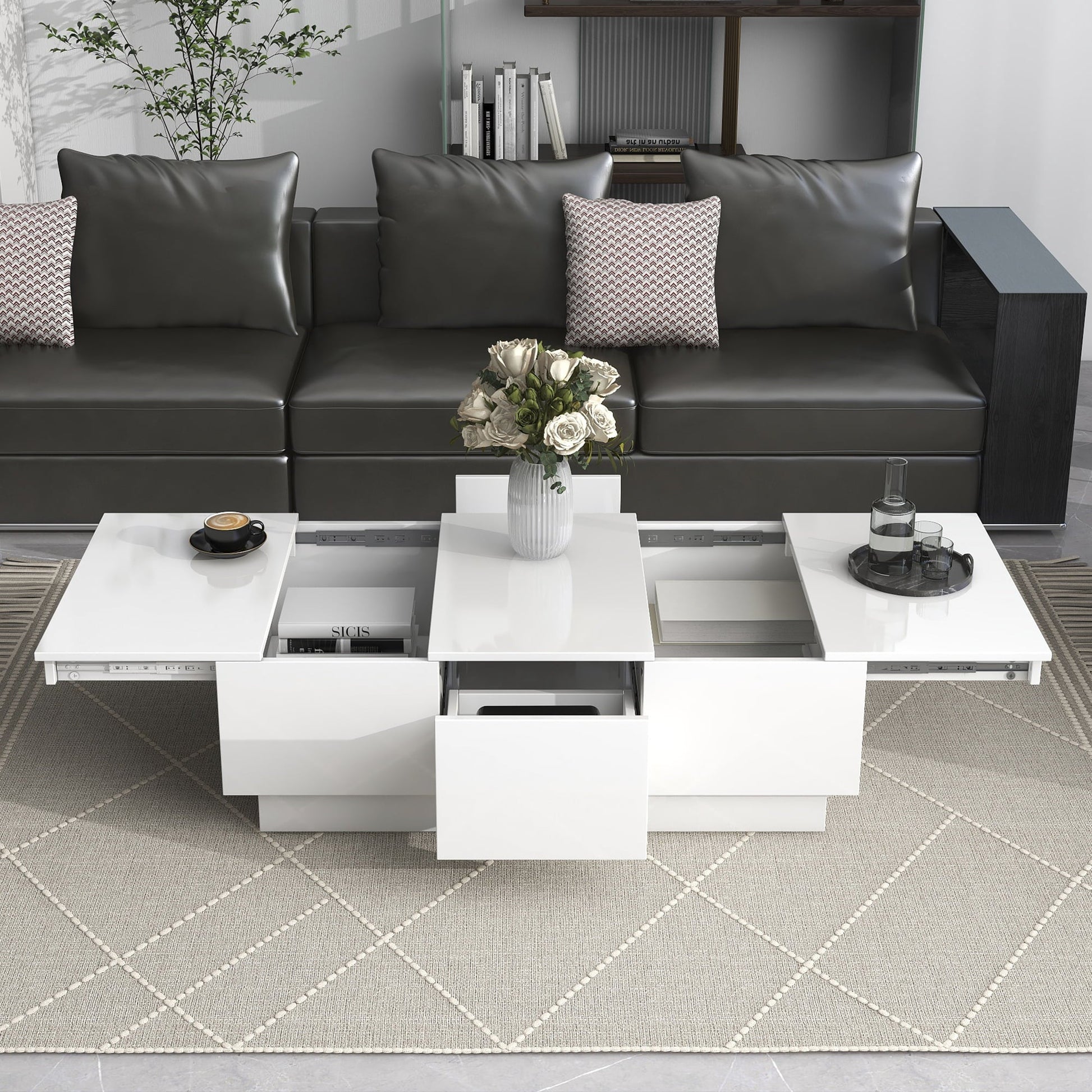 EUROCO 39.4” Multifunctional Coffee Table with 2 large Hidden Storage Compartment,Extendable Cocktail Table with 2 Drawers, High-gloss Center Table with Sliding Top for Living Room,White