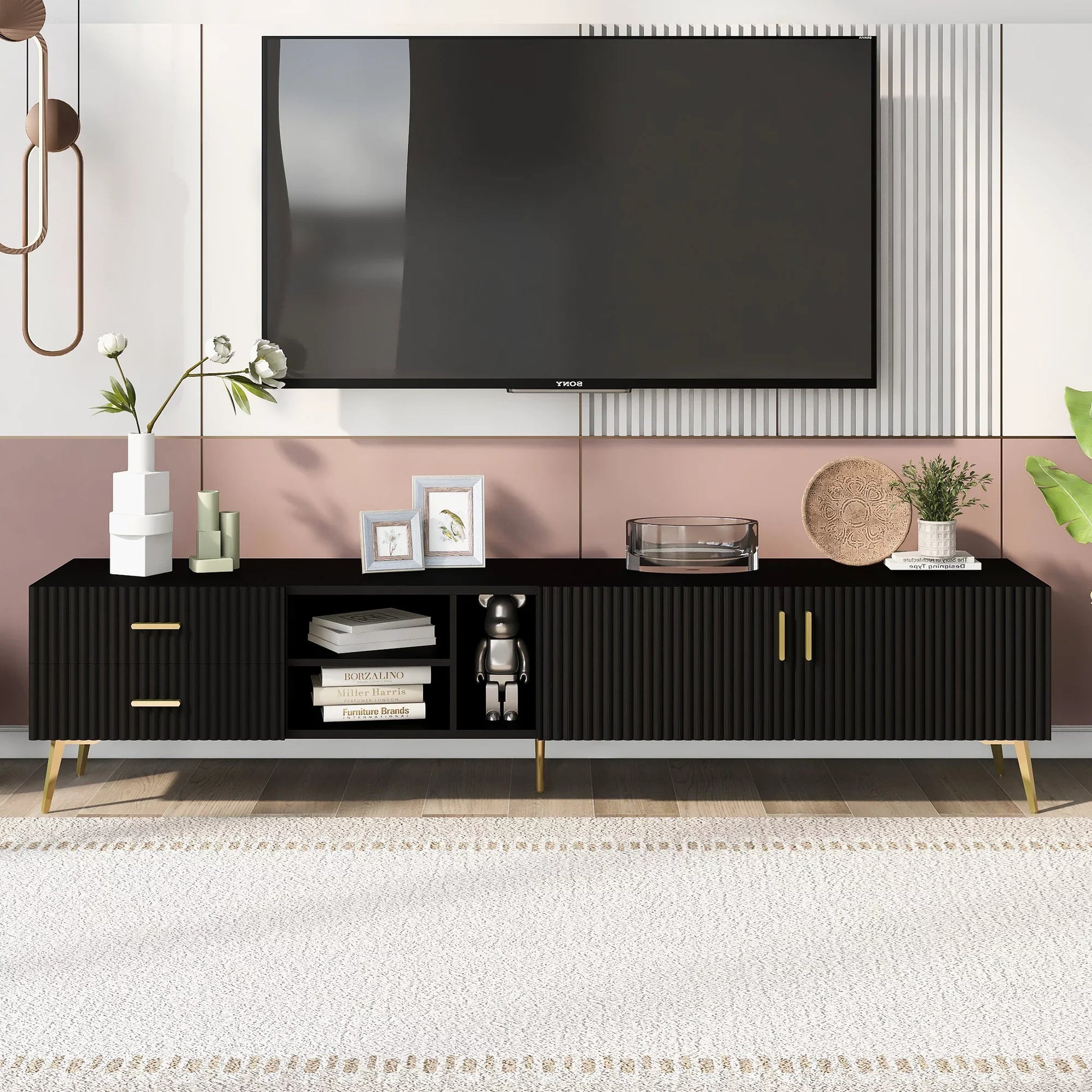 EUROCO Modern TV Stand with 2 Drawers & 3 Shelves & 2 Cabinets and 5 Champagne legs for TVs up to 77", Black