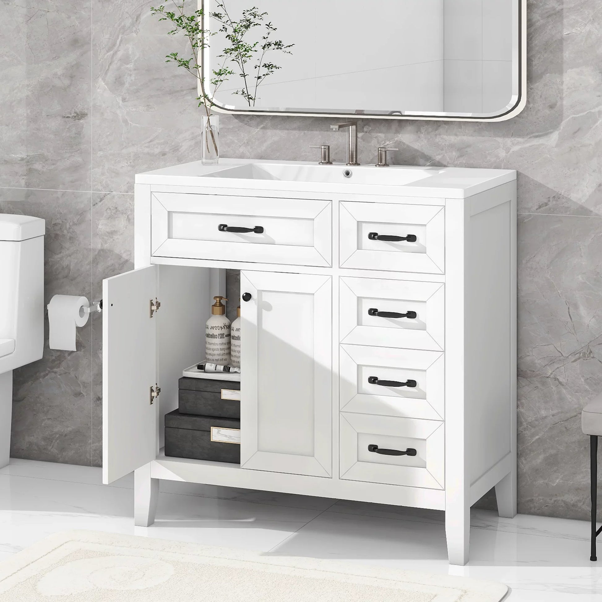 EUROCO 36" Bathroom Vanity with Sink,Bathroom Cabinet with Drawers, White