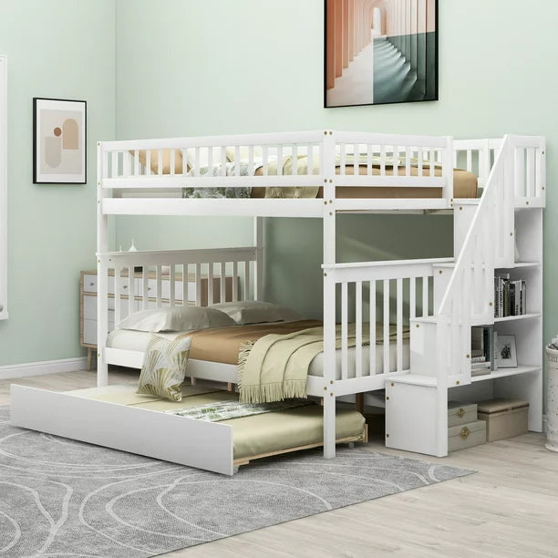 Euroco Full over Full Bunk Bed with Trundle and Storage Shelves for Kids, White