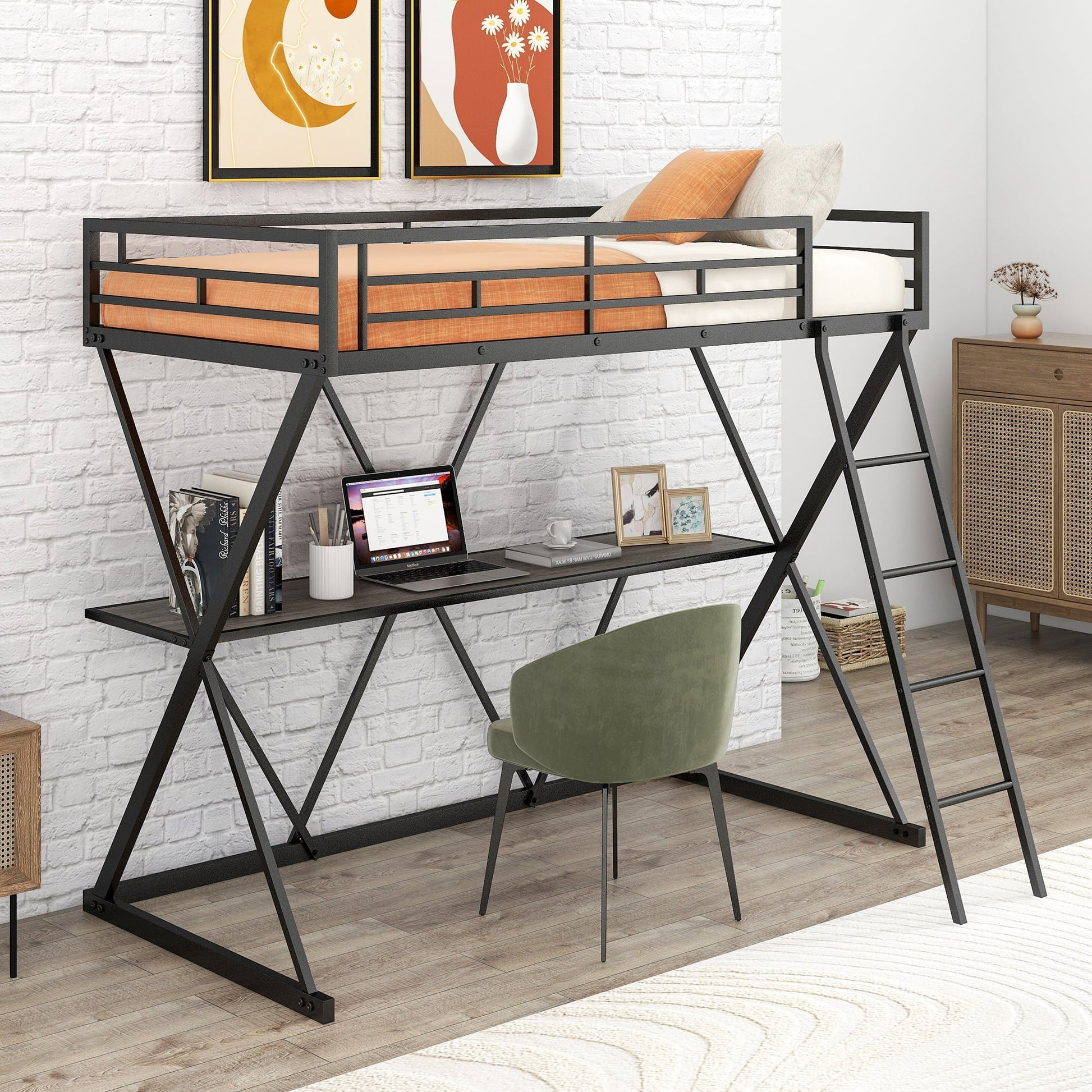 Euroco Steel Twin Loft Bed with Desk and Ladder, X-Shaped Frame, Black