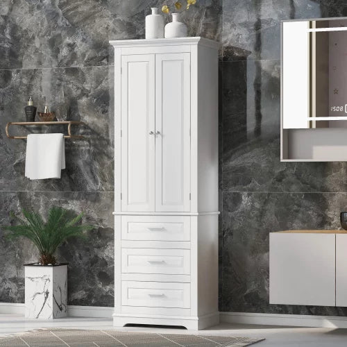 EUROCO 70" Bathroom Floor Tall Storage Cabinet,Kitchen Pantry, Farmhouse Pantry Cabinet with Glass 2 Doors & 3 Drawers and Adjustable Shelves,White