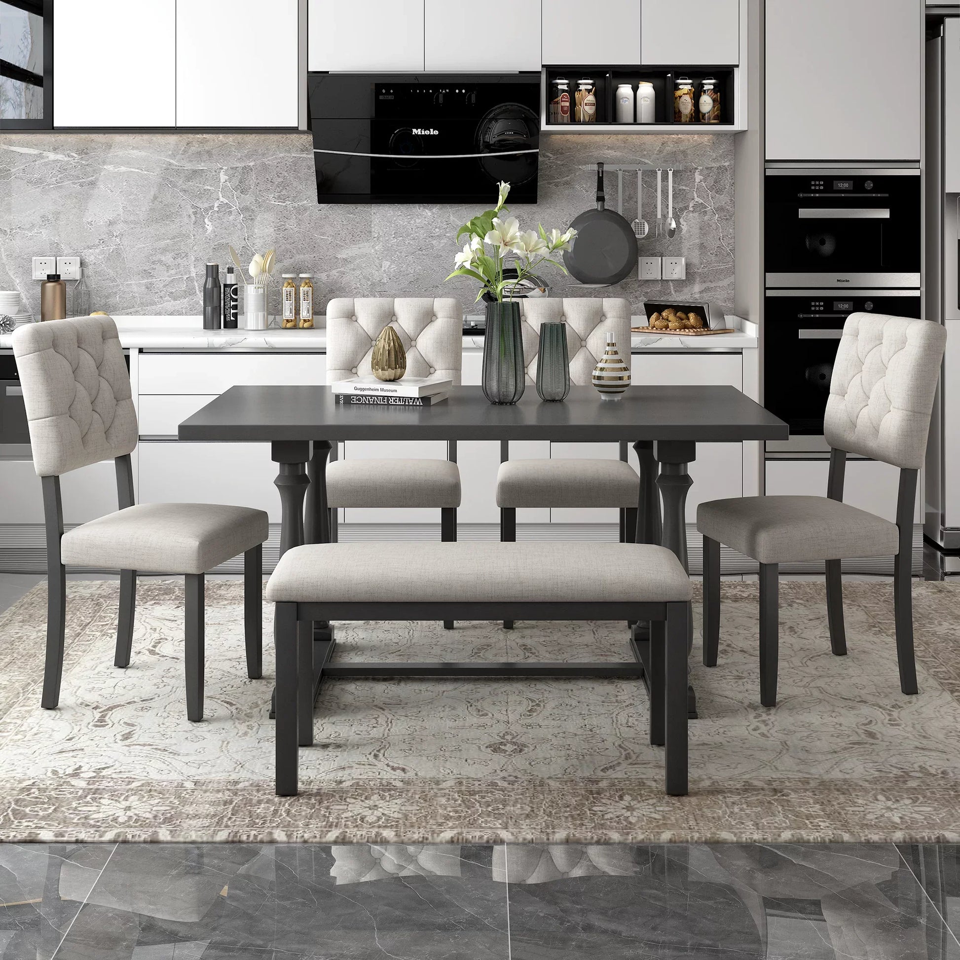 Euroco 6-Piece Dining Table and Chair Set with Special-shaped Legs and Foam-covered Seat Backs&Cushions for Dining Room (Gary)