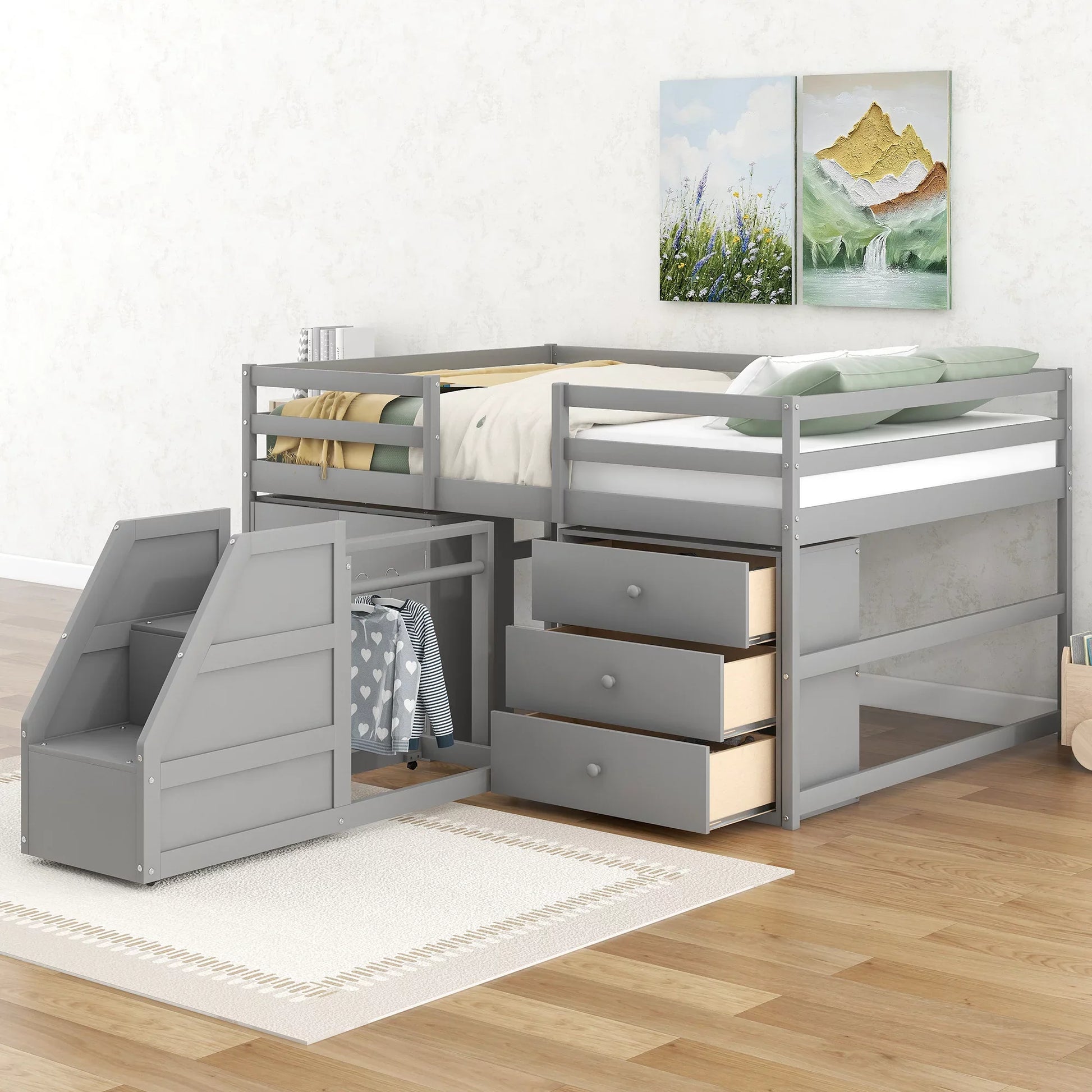 Pine Wood Full Size Loft Bed with Cabinet, Drawers and Clothes Hanger for Kids, Gray