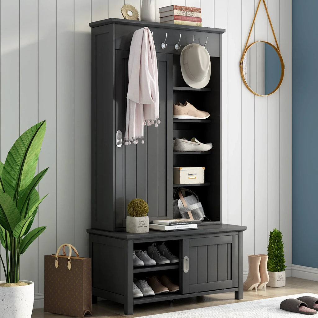 EUROCO 70" Hall Tree Entryway Storage Bench Coat Rack with Hanging Hooks & Shelves(Black)