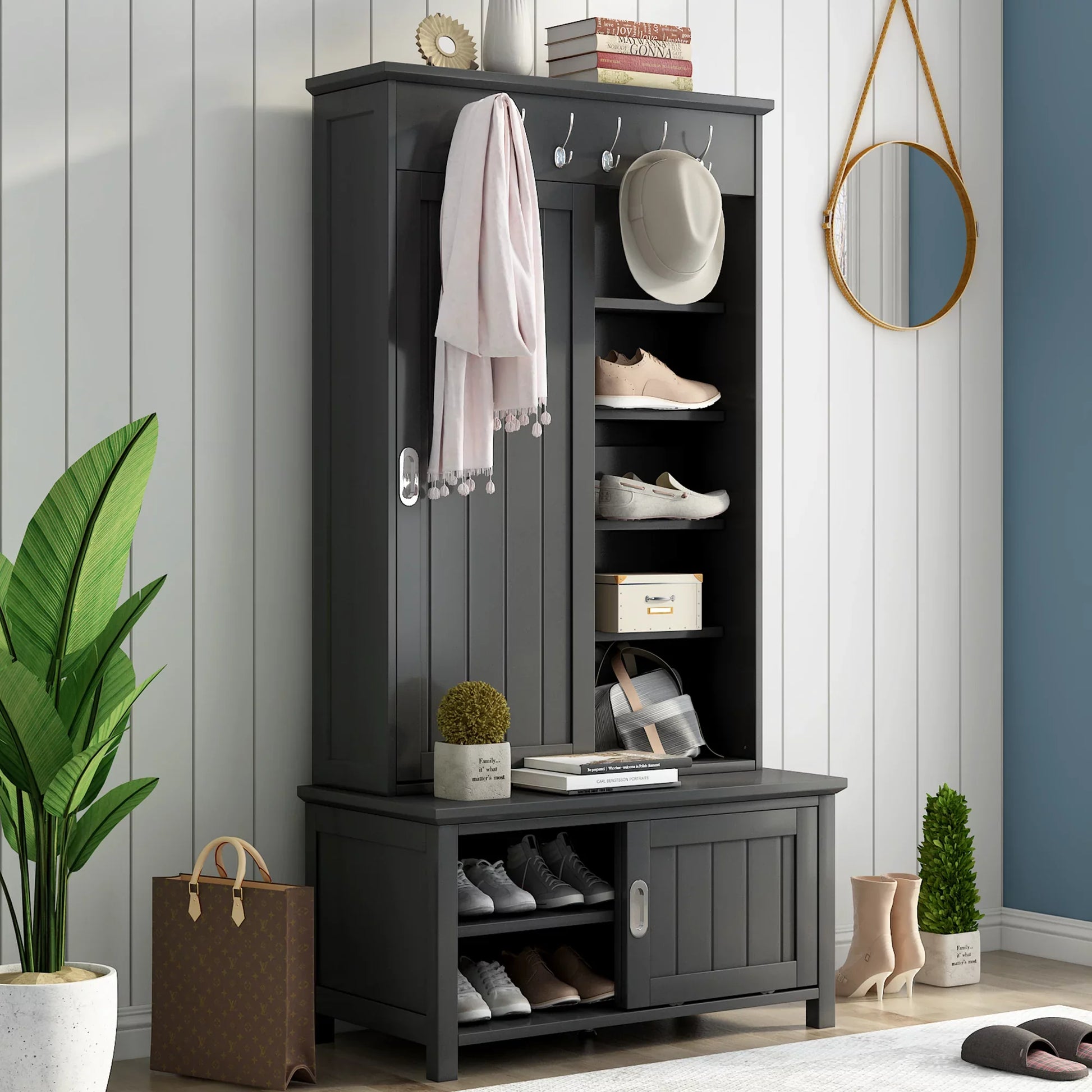 EUROCO 70" Hall Tree Entryway Storage Bench Coat Rack with Hanging Hooks & Shelves(Black)