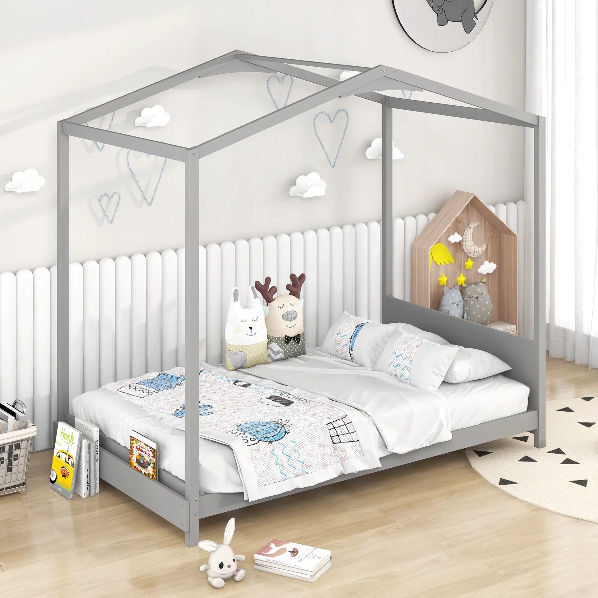 EUROCO Wood Twin Size House Bed with Roof for Kids, Gray