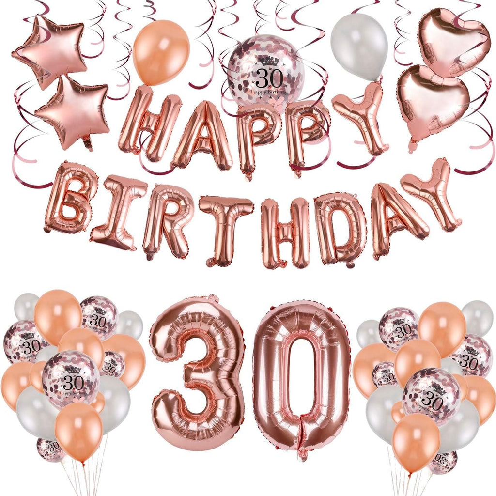 HOWAF Rose Gold 30th Birthday Decorations for Women and Girl Birthday Party Supplies 59 Pack with Happy Birthday Banner Hanging Swirl Confetti Latex Balloons Star Heart Foil Balloons