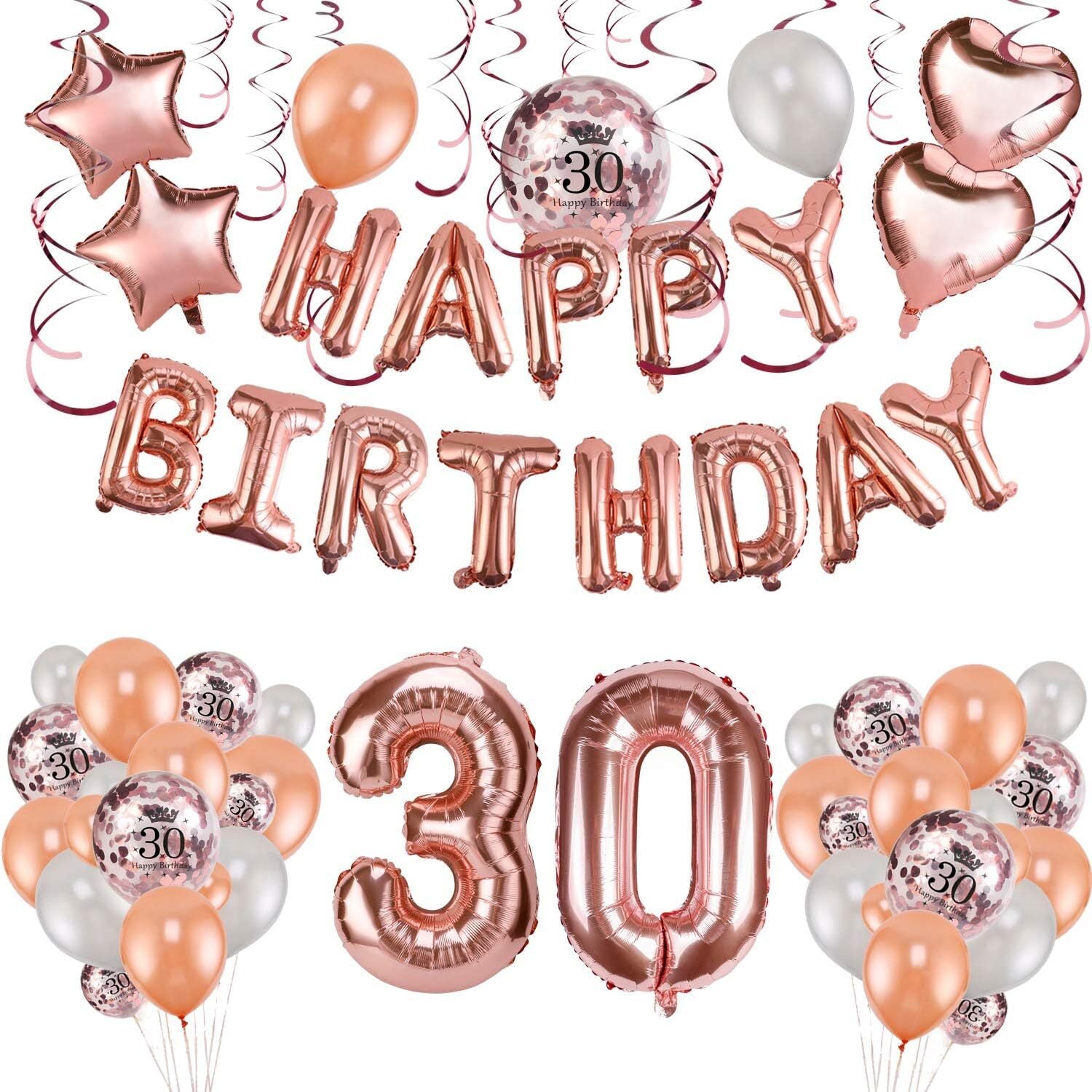 HOWAF Rose Gold 30th Birthday Decorations for Women and Girl Birthday Party Supplies 59 Pack with Happy Birthday Banner Hanging Swirl Confetti Latex Balloons Star Heart Foil Balloons