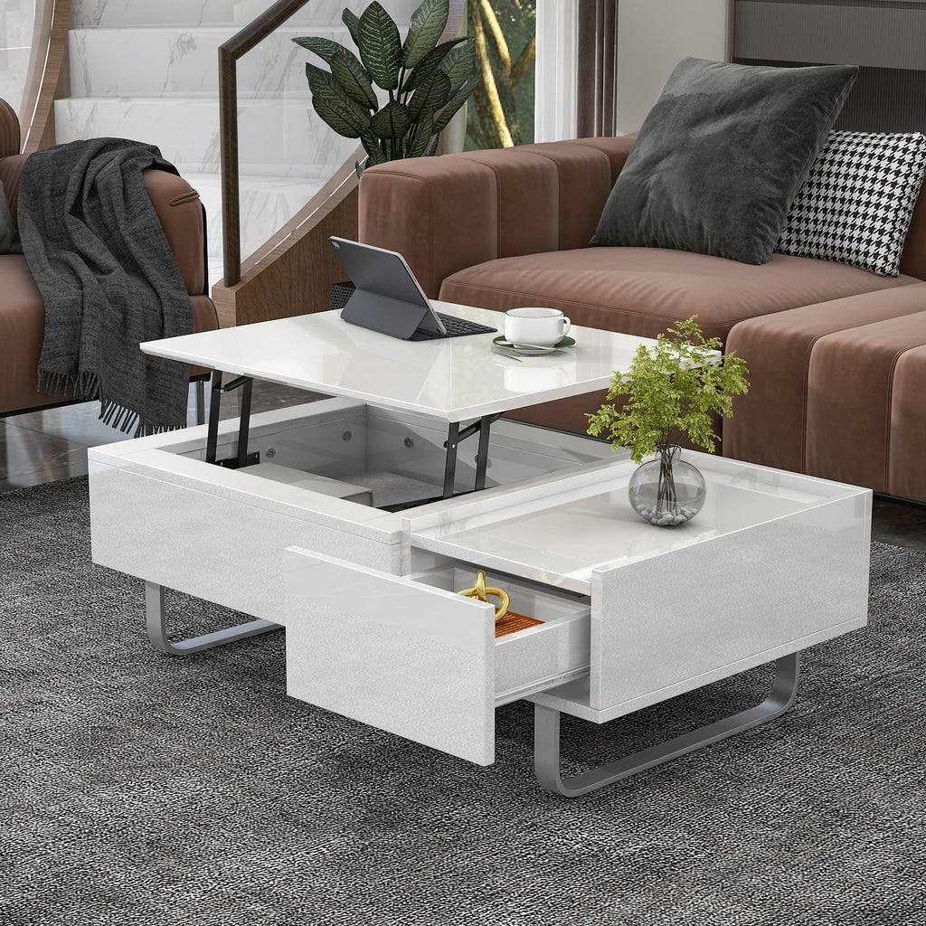 EUROCO Modern 45.3" Rectangle High-gloss Lift Top Coffee Table with Drawer,White