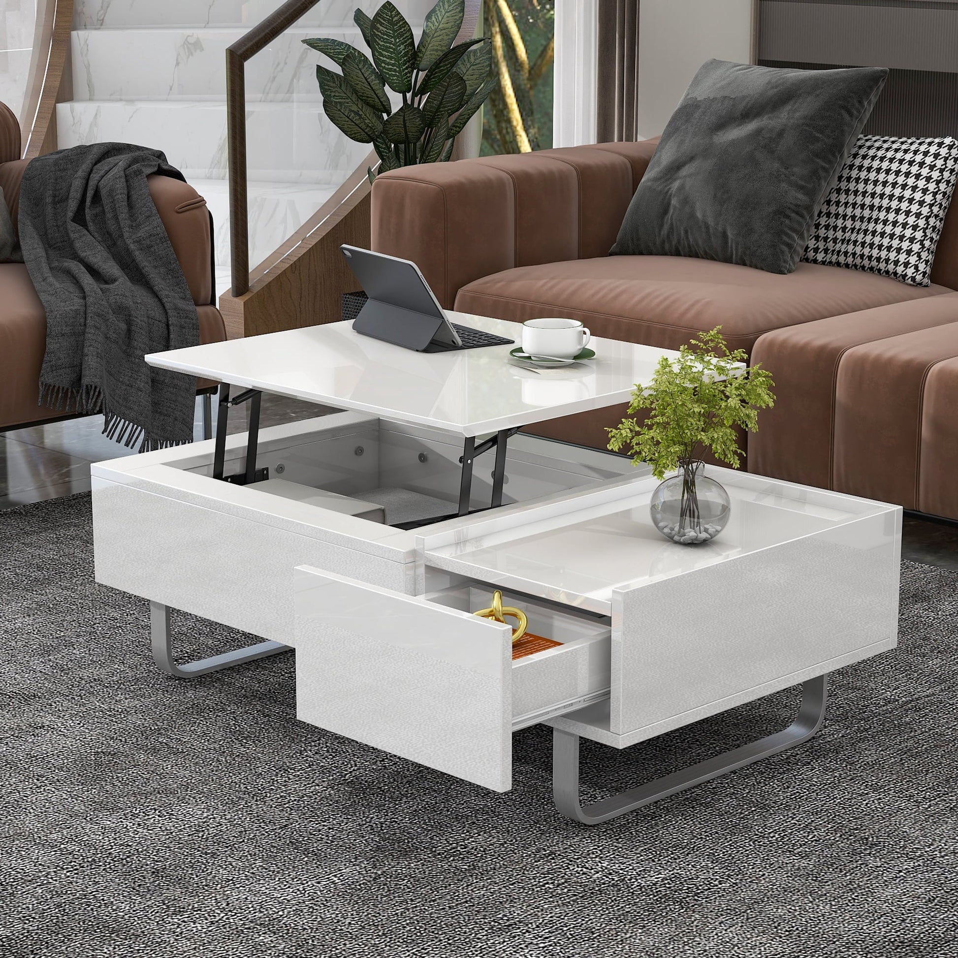 EUROCO Modern 45.3" Rectangle High-gloss Lift Top Coffee Table with Drawer,White