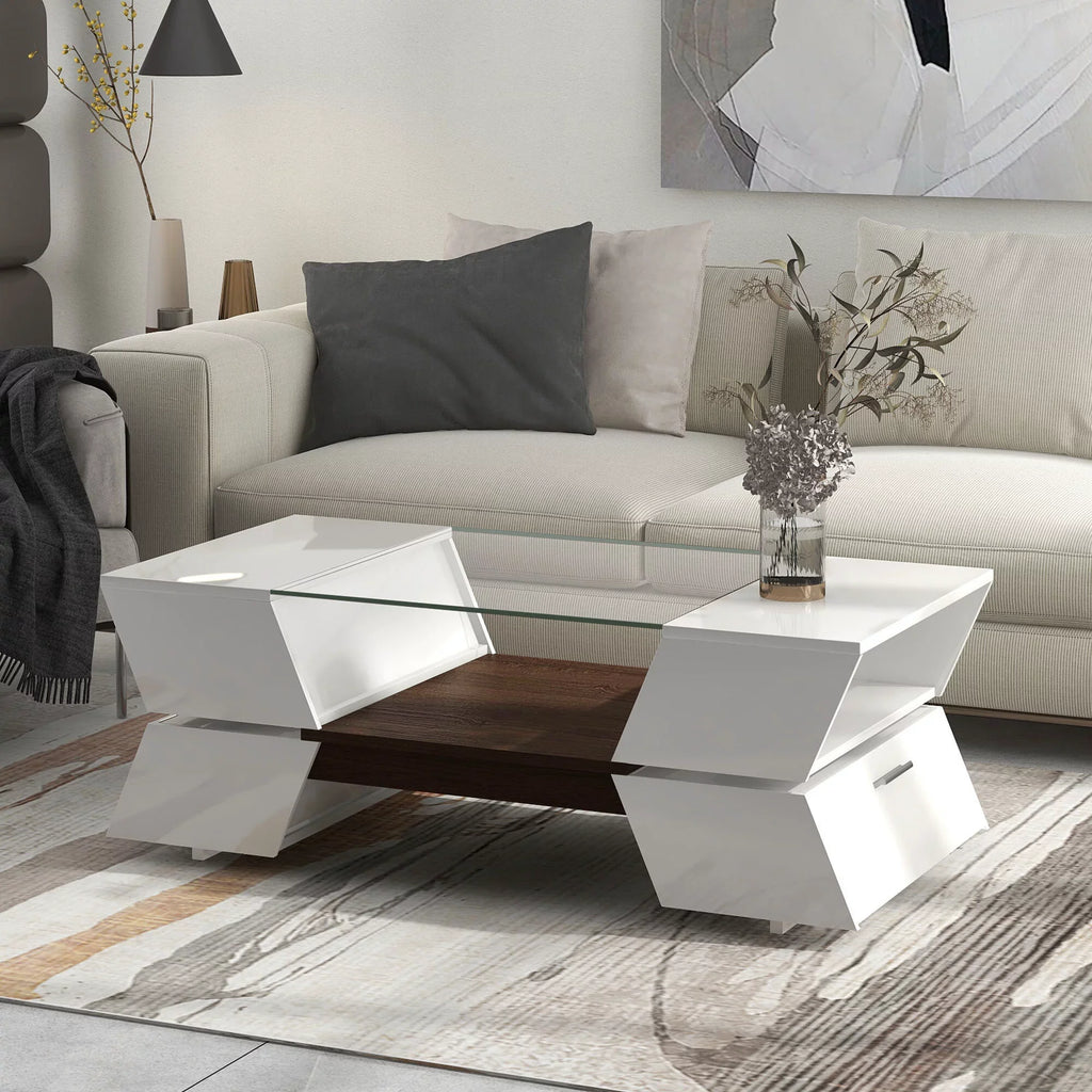 EUROCO Glass-Top Coffee Table with Open Shelves and Cabinets, Geometric Style Cocktail Table with Great Storage Capacity, Modernist 2-Tier Center Table for Living Room, White