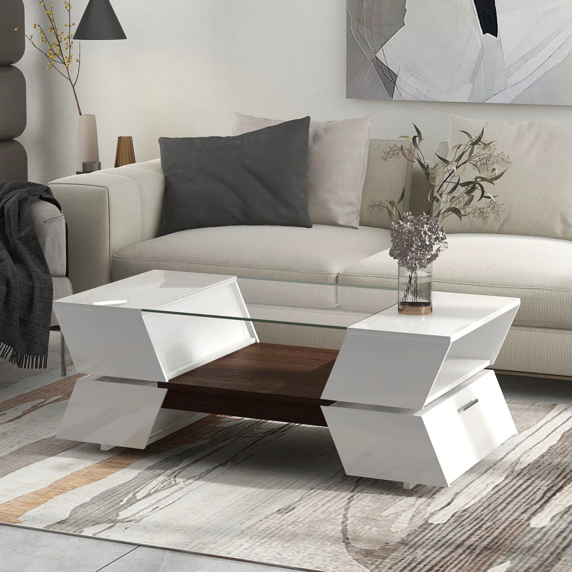 EUROCO Glass-Top Coffee Table with Open Shelves and Cabinets, Geometric Style Cocktail Table with Great Storage Capacity, Modernist 2-Tier Center Table for Living Room, White