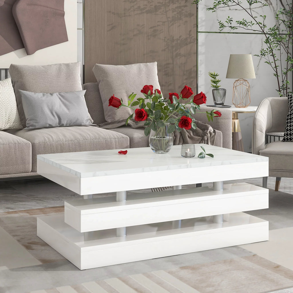 EUROCO 39.3" 2-Tier Coffee Table with Silver Metal Legs, Rectangle Cocktail Table with High-gloss UV Surface, Minimalist Design Center Table for Living Room, White