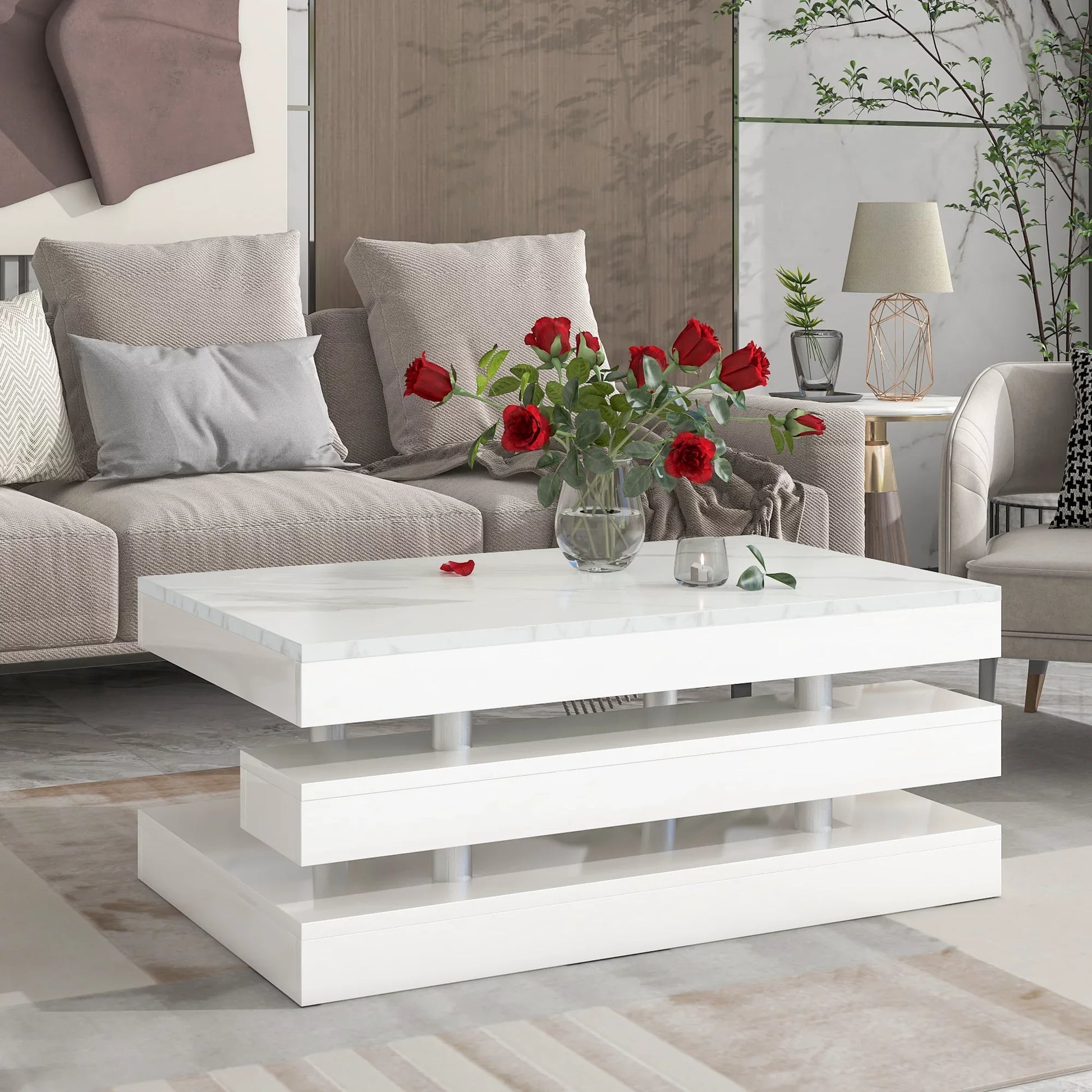 EUROCO 39.3" 2-Tier Coffee Table with Silver Metal Legs, Rectangle Cocktail Table with High-gloss UV Surface, Minimalist Design Center Table for Living Room, White