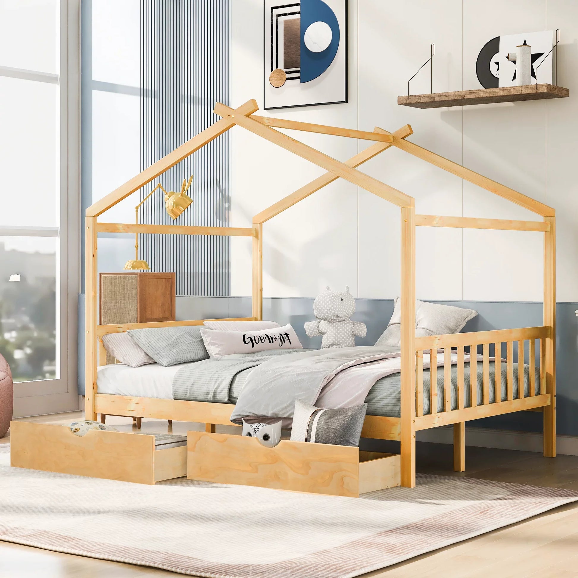 EUROCO Full Size House Platform Bed with Two Drawers for Kids, Natural