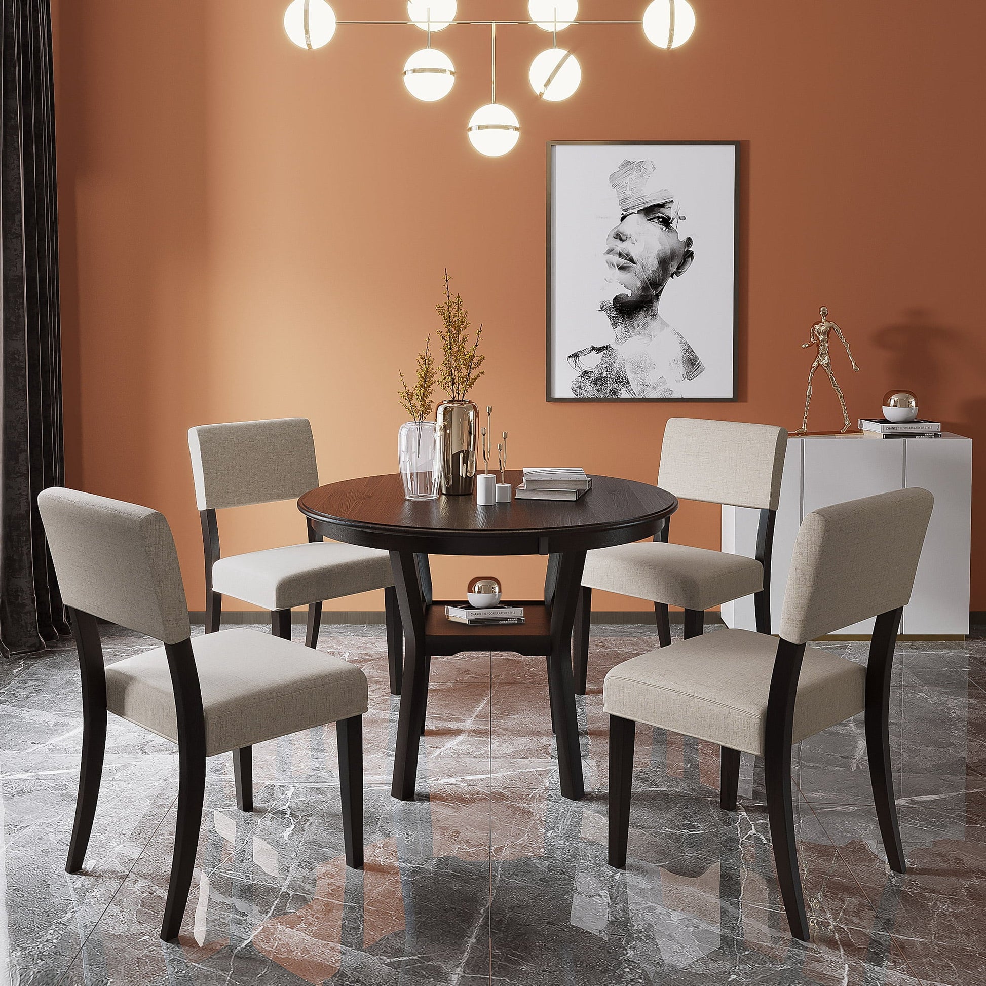 Euroco 42" 5-Piece Kitchen Dining Table Set Round Table with Bottom Shelf, 4 Upholstered Chairs for Dining Room（Espresso）
