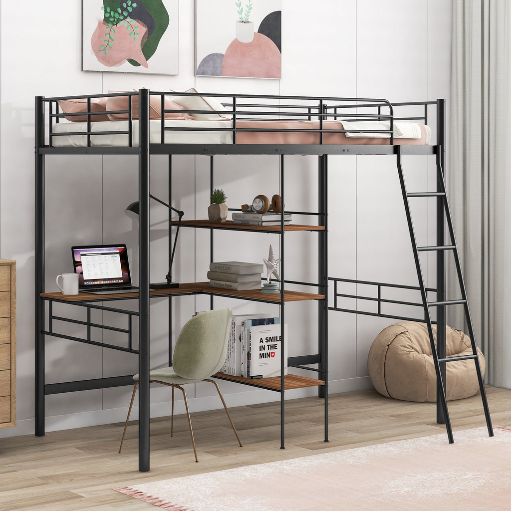 EUROCO Metal Twin Loft Bed with Desk for Child, Black