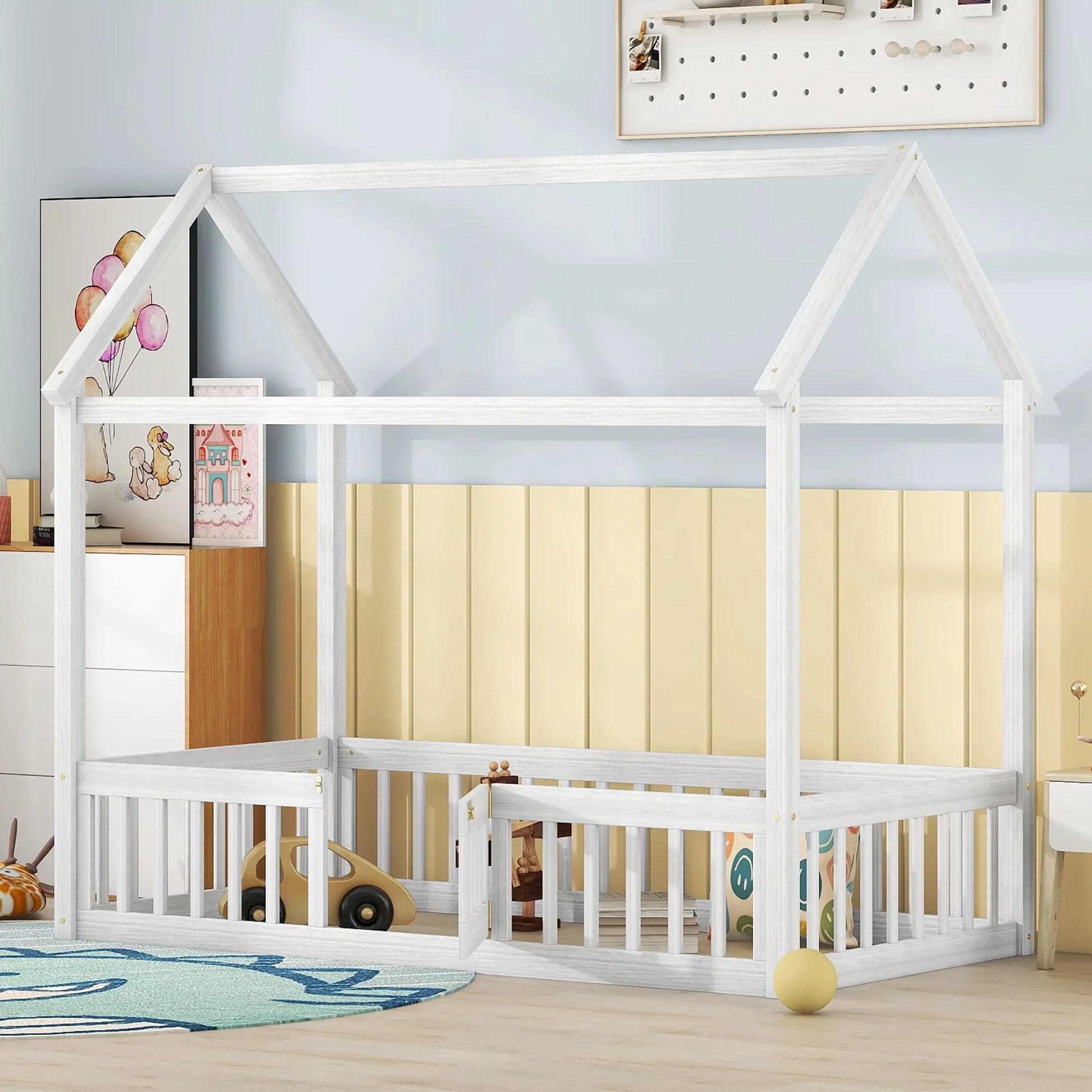 Euroco Twin Size Low House Bed with Fence and Door, White