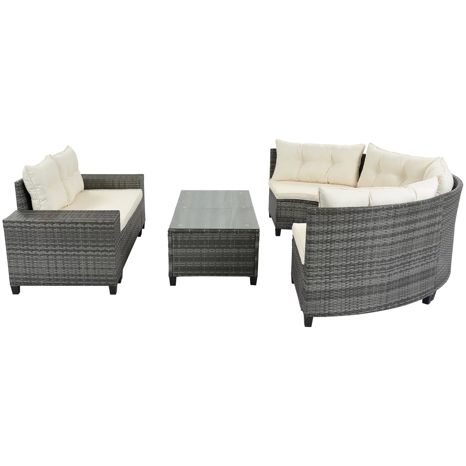 Euroco 8-pieces Outdoor Wicker Sofa Set, Curved Sofa Set With Glass Coffee Table, Half-Moon Sectional Sets PE Rattan Water-resistant and UV Protected, Beige