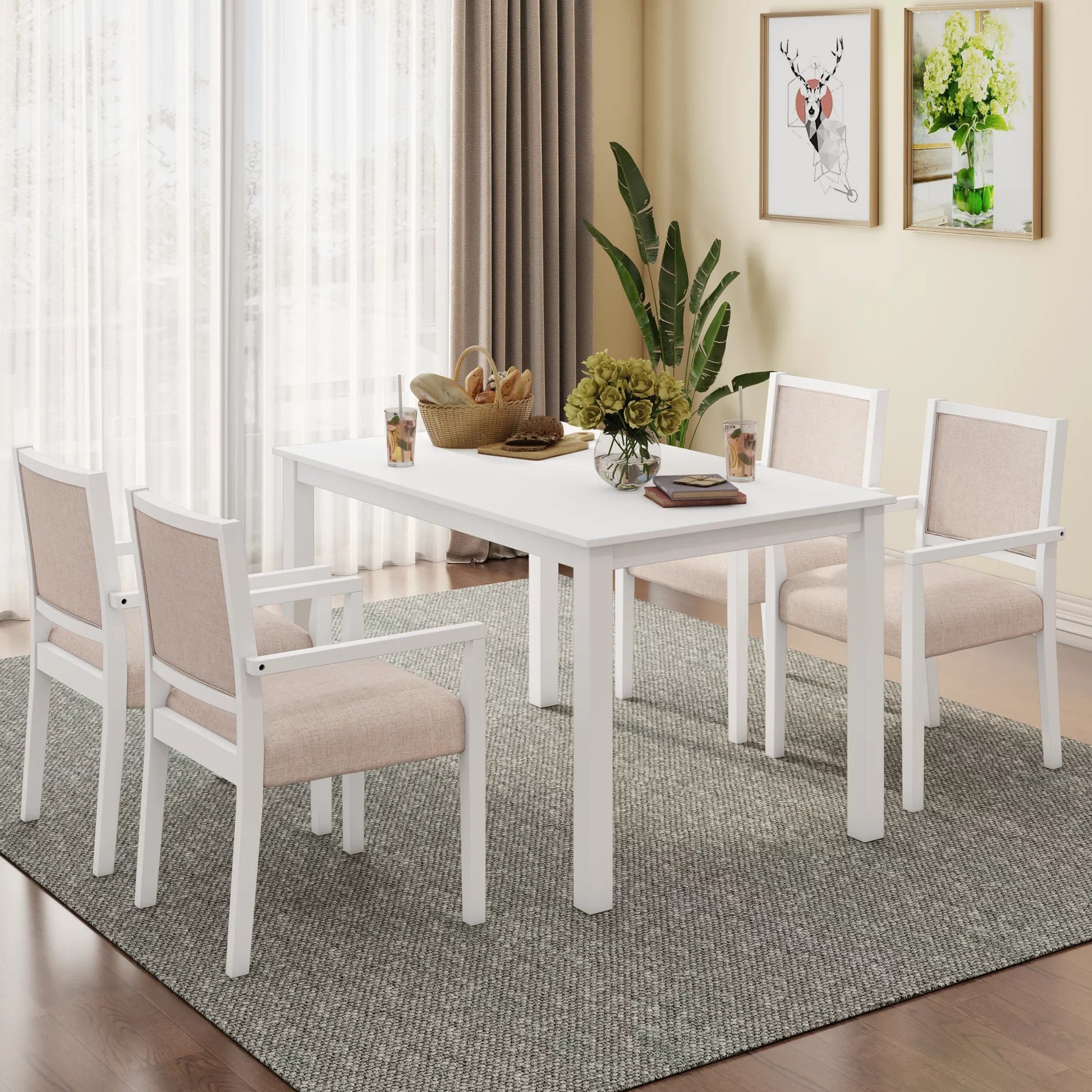 Wood 5-Piece 55" Dining Table Set with 4 Arm Upholstered Dining Chairs,Beige