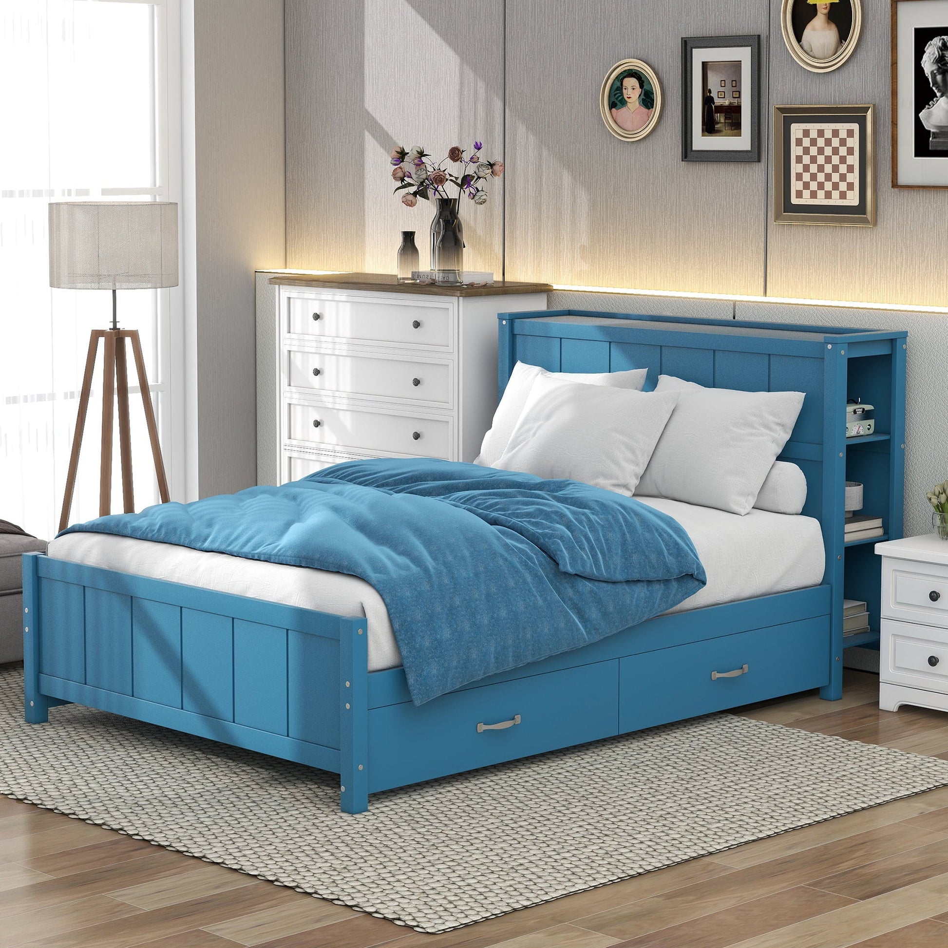 Wood Full Platform Bed with Storage Headboard Shelf and Drawers for Room, Blue