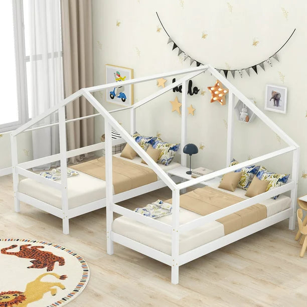 Wood Twin House Two Beds in One with Movable Desk for Kids Bedroom, White