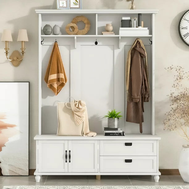 EUROCO 80.3" Large Entryway Hall Tree with Storage Bench and Coat Rack, 5 Hooks, 2 Large Drawers for Hallway Living Room Bedroom Home, White