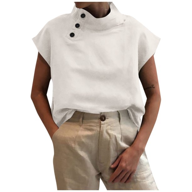 MIARHB Women's Solid Color Short Sleeve Open Button Pullover Shirt Mock Neck Casual Top, White, M