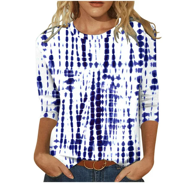 Clearance! Womens Summer Tops MIARHB Summer 2023 Three Quarter Sleeve Printed T-Shirt Tops, Blue, XXL