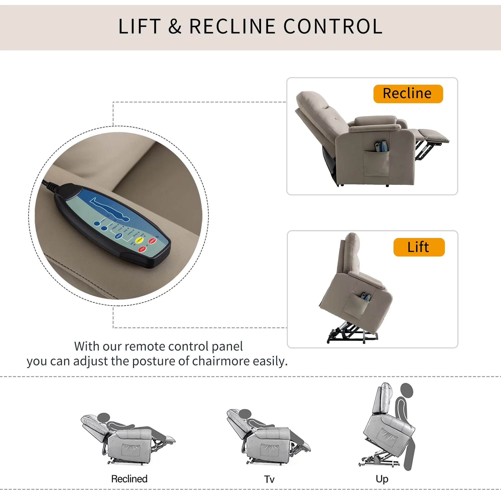 EUROCO Power Lift Recliner Chair Recliners for Adults and Seniors with Heat and Massage PU Leather Recliner Chair for Living room with Side Pocket,Grey