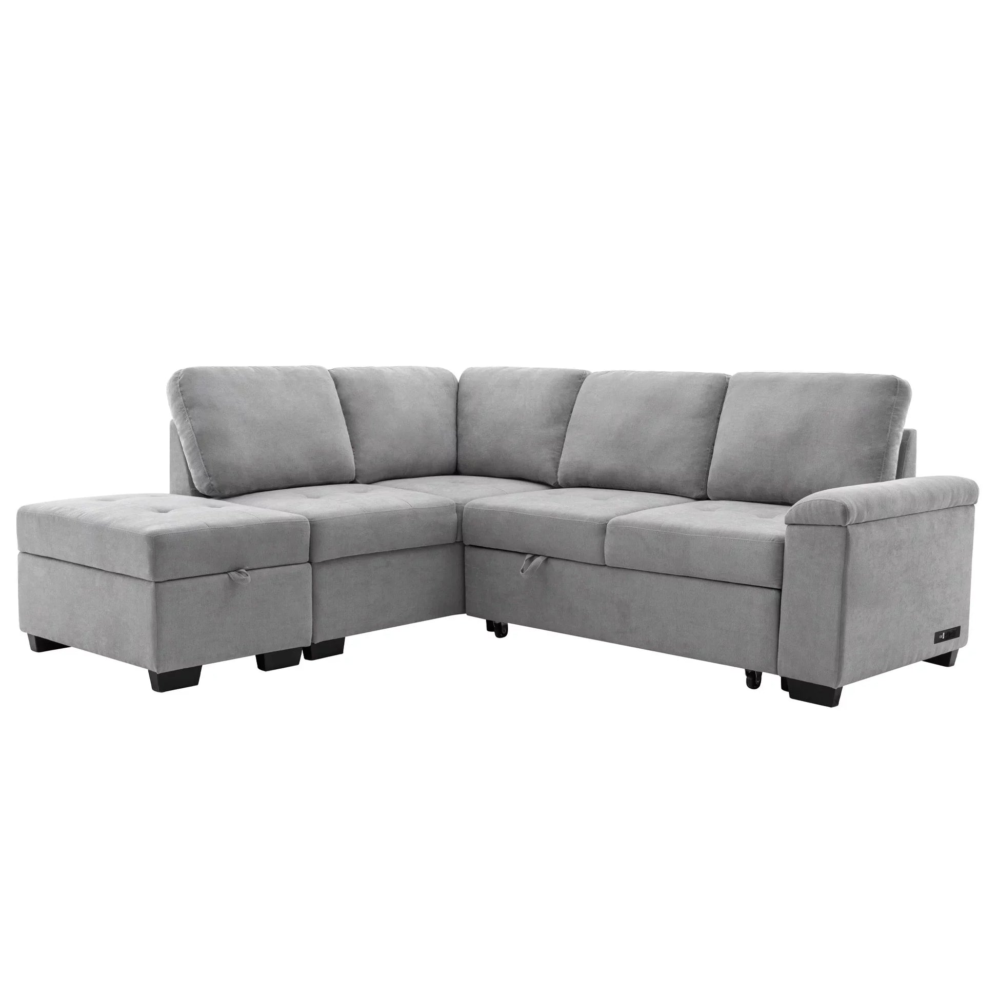 Euroco L-Shape Sofa Bed with Storage Ottoman and Hidden Arm Storage, Sectional Sofa Sleeper with USB Port for Living Room Apartment, Gray