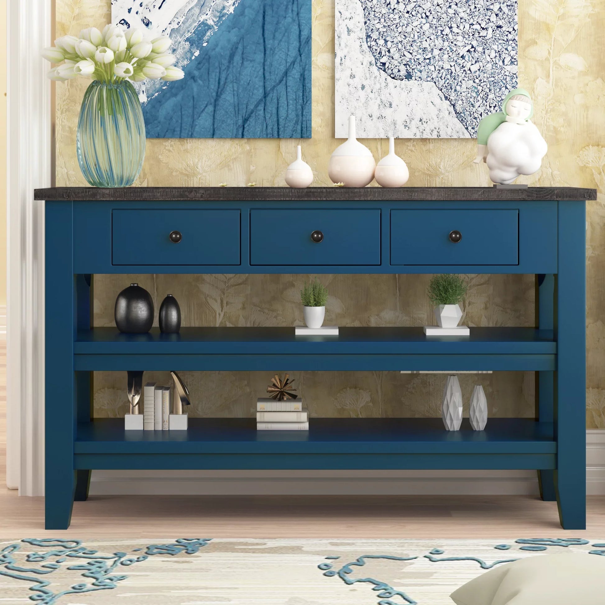 EUROCO 48" Modern Console Table with 3 Drawers and 2 Shelves Sofa Table for Living Room, Solid Wood Top (Pine)