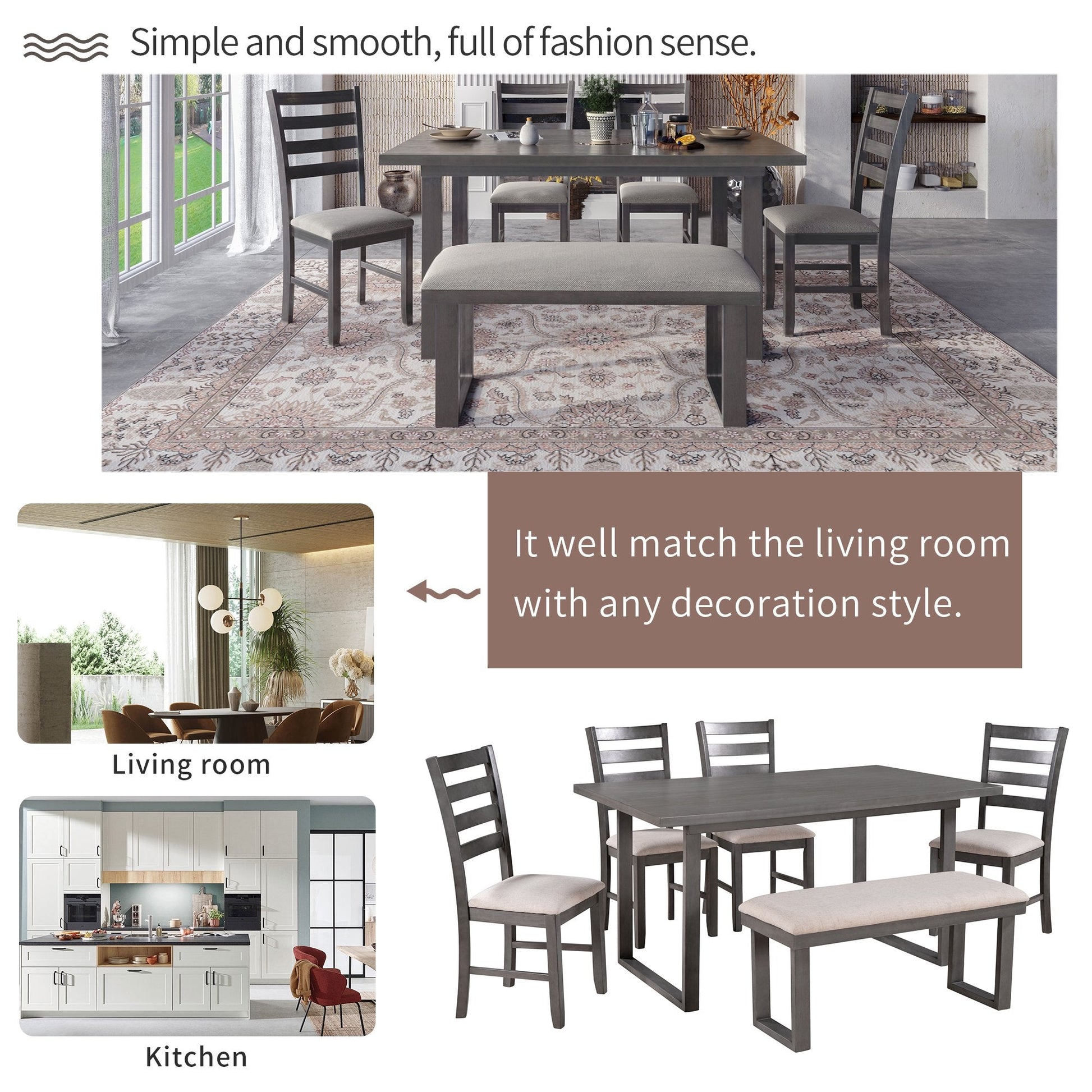 Euroco 6-Pieces Family Furniture, Solid Wood Dining Room Set with Rectangular Table & 4 Chairs with Bench(Gray)