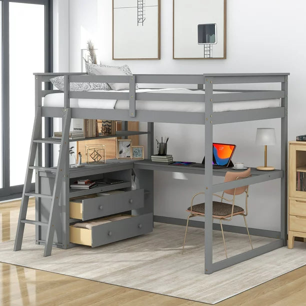 Full Wood Loft Bed with Desk and Cabinets for Kids, Gray