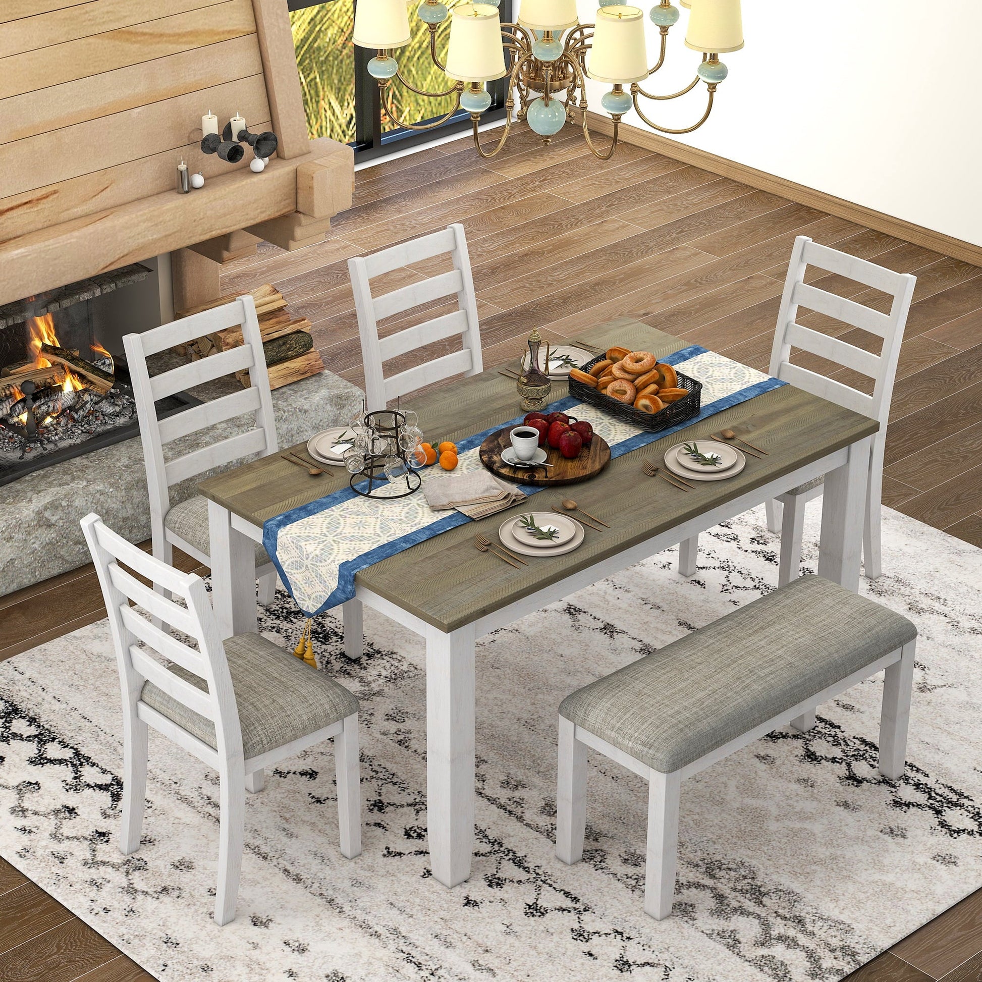 Euroco Rustic Style 6-Piece Dining Room Table Set with 4 Upholstered Chairs & a Bench (Brown + Whitewash)