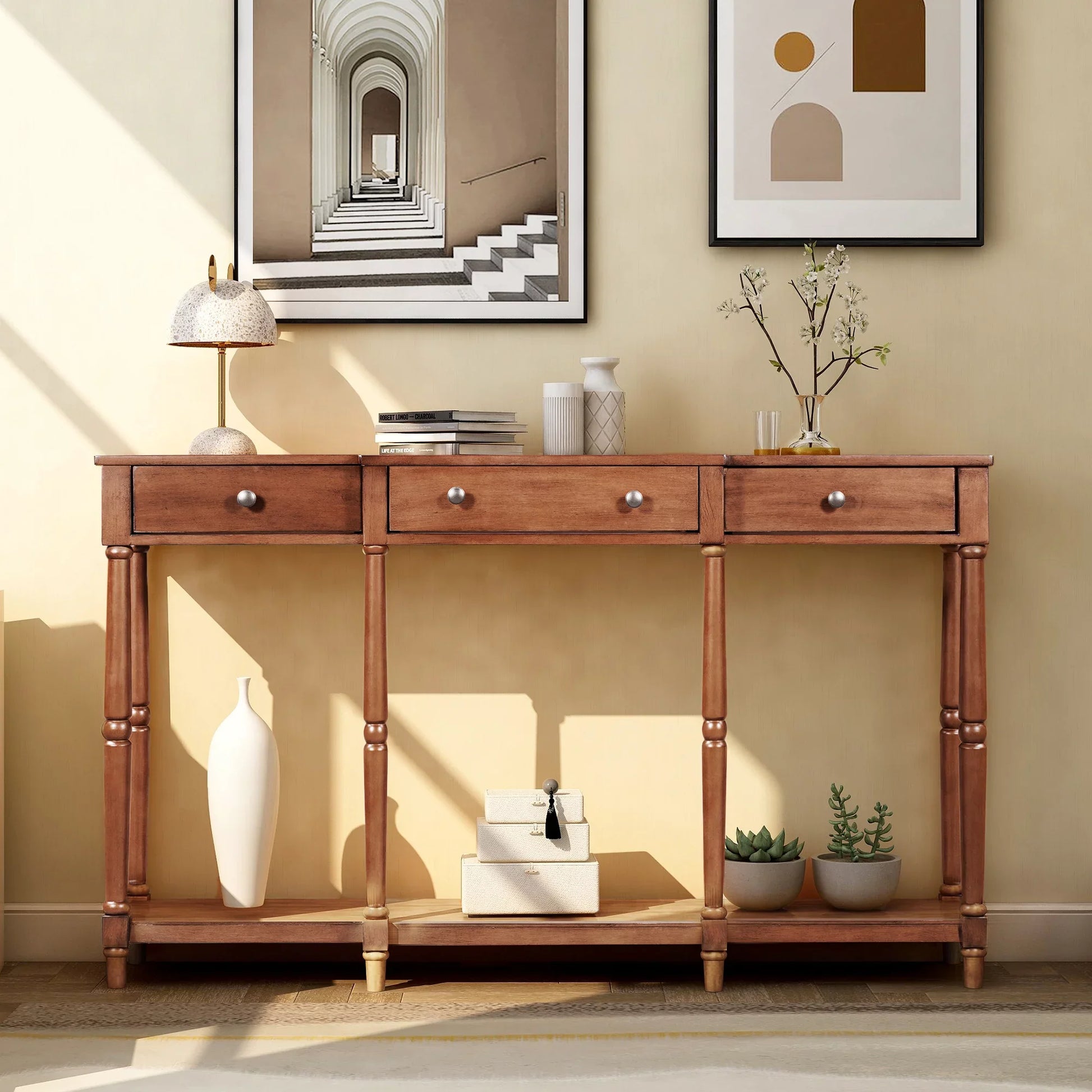 EUROCO Console Table Entryway Solid Wood Classic Console Table with Storage 3 Drawers & Shelf Wood Side Display (Brown)