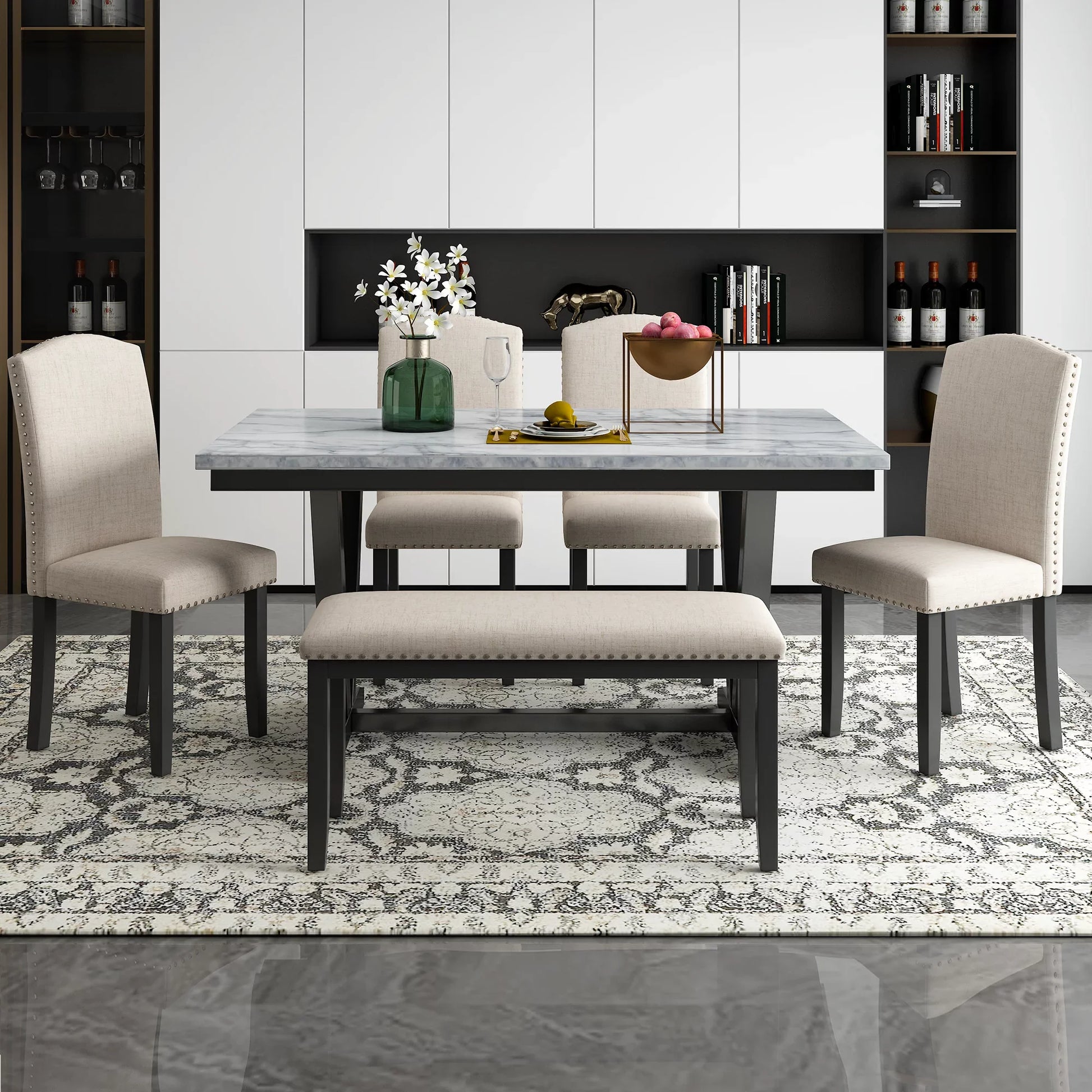 EUROCO 6 Piece Kitchen Dining Table and Chair Set,60” Dining Room Table Set with Marbled Veneers Tabletop,V-shaped Table Legs,4 Fabric Chairs and 1 Fabric Bench,Rectangle Dining Table Set for 6