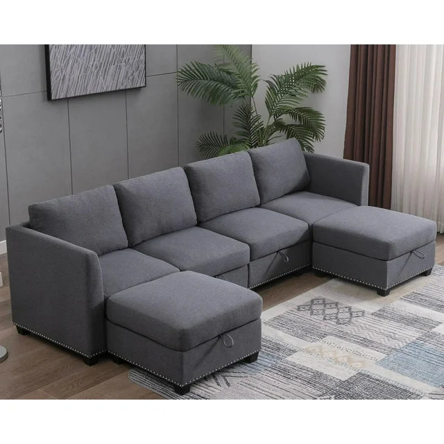 Puremind 6PCS Modular Sectional Sofa with Ottomans, Convertible U-Shaped Couch with Storage Large Space, 6 Seaters Oversized Sleeper Sectional Couch Furniture Sets for Living Room/Office,Dark Grey