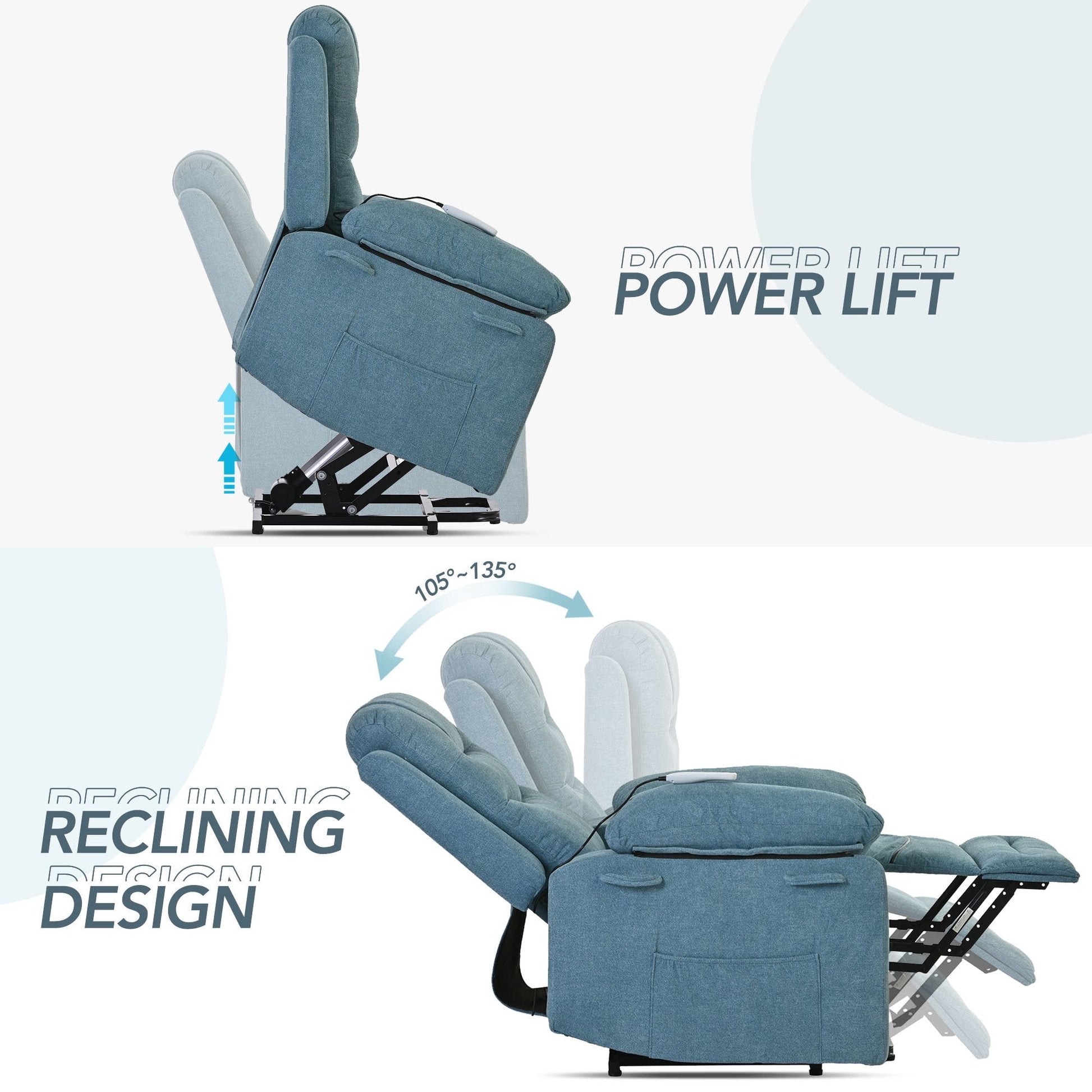 EUROCO 39.8"W Power Lift Recliner Chair Recliners for Elderly with Heat, Vibration and Massage Recliner Chair for Living room with Side Pocket, Infinite Position,Blue