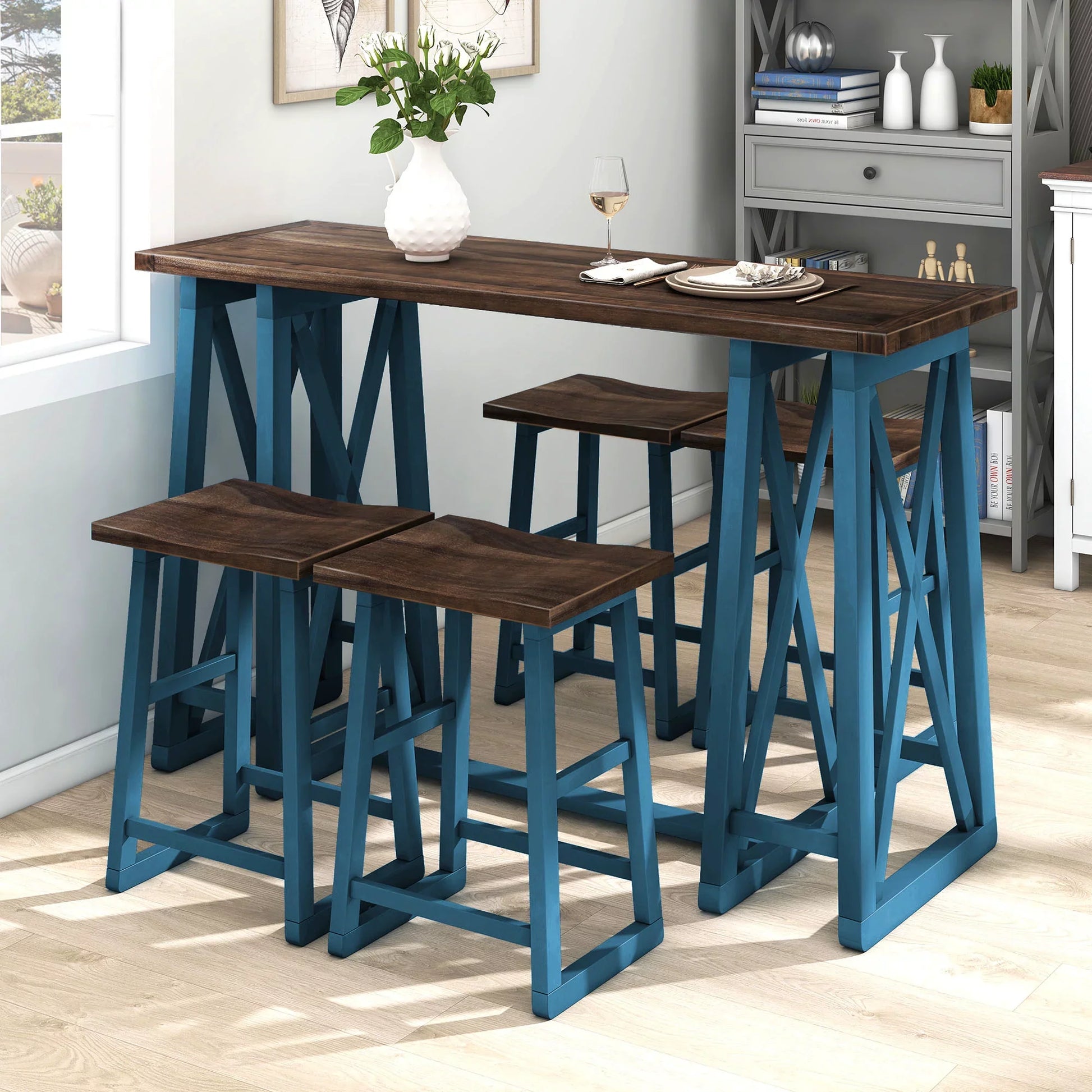 Rustic 5-Piece 36" Dining Set, Wood Console Table Set with 4 Stools for Small Places,Walnut&Cream