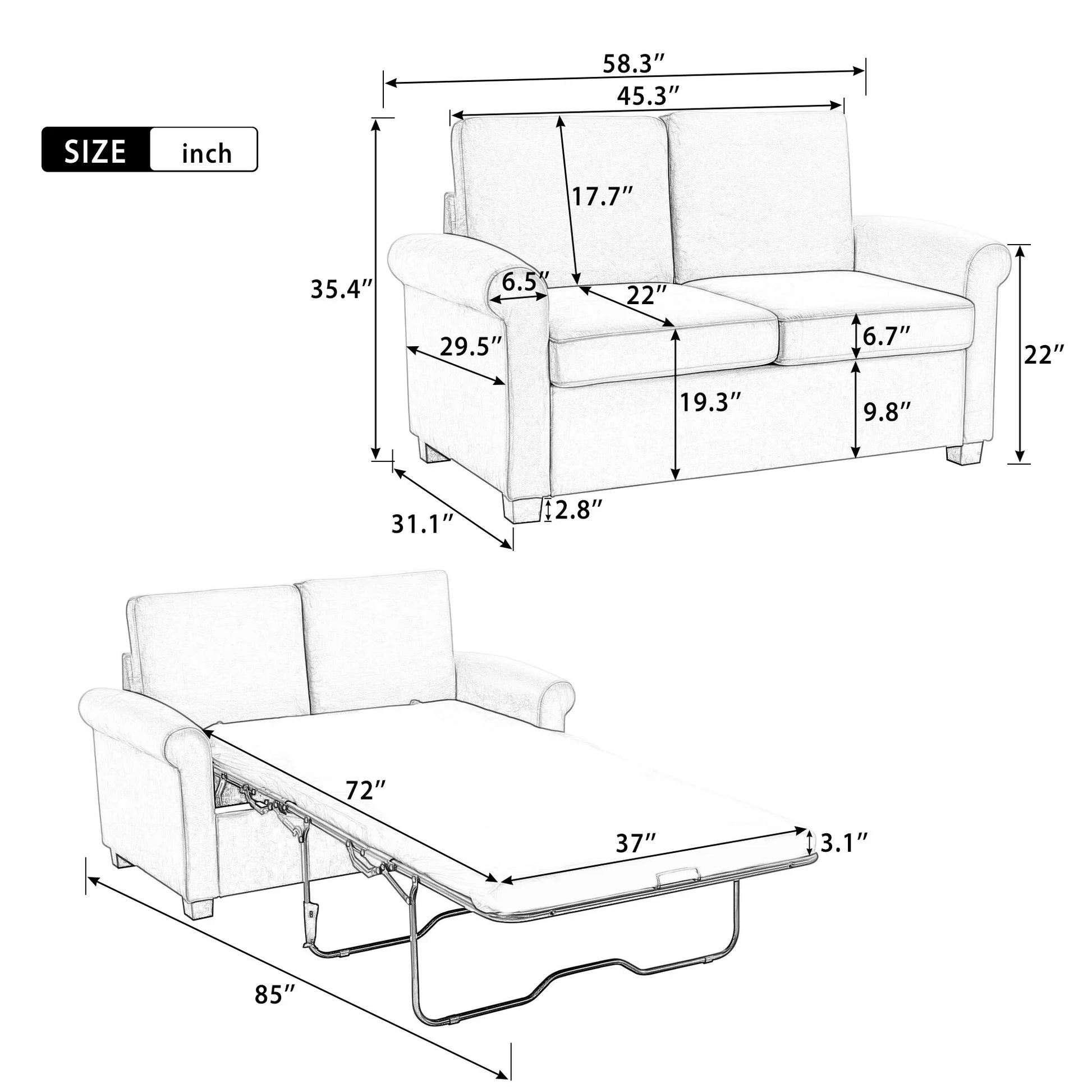 Euroco 58.3" Pull Out Sofa Bed, Sleeper Sofa Bed with Twin Size Mattress Pad, 2-in-1 Pull Out Couch Bed, Loveseat Sleeper for Living Room, Small Apartment, Gray