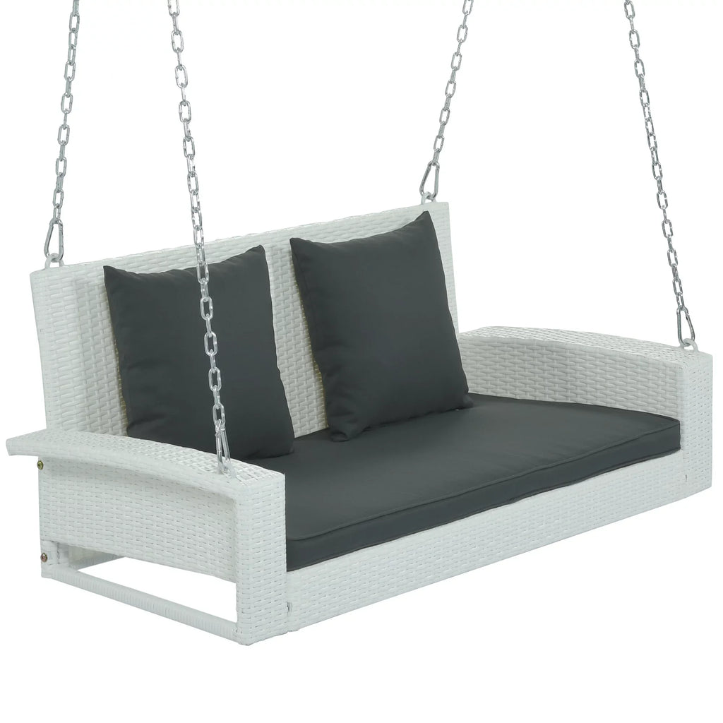 Euroco 2-Person Wicker Hanging Porch Swing with Chains, Cushion, Pillow, Rattan Swing Bench for Garden, Backyard, Pond, Gray