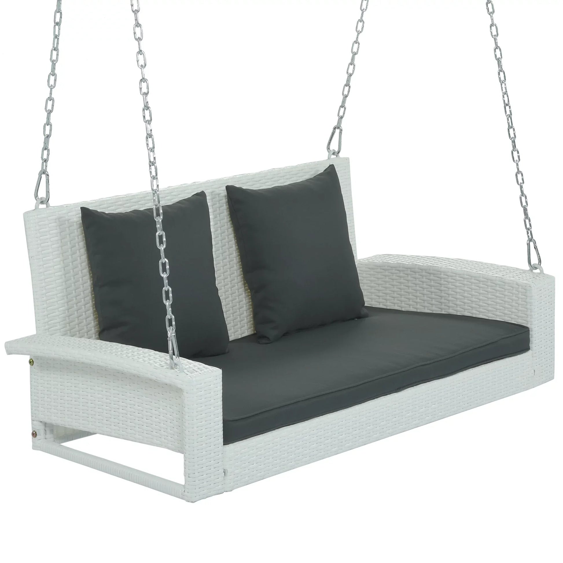 Euroco 2-Person Wicker Hanging Porch Swing with Chains, Cushion, Pillow, Rattan Swing Bench for Garden, Backyard, Pond, Gray